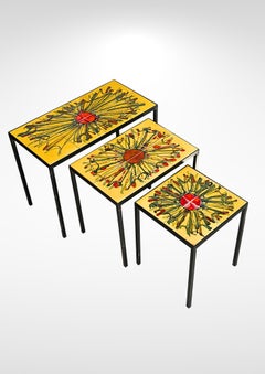 Mid-Century Trio of Nesting Tables With Yellow Tiled Top and Wrought Iron Legs