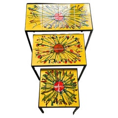 Mid-Century Trio of Nesting Tables With Yellow Tiled Top and Wrought Iron Legs