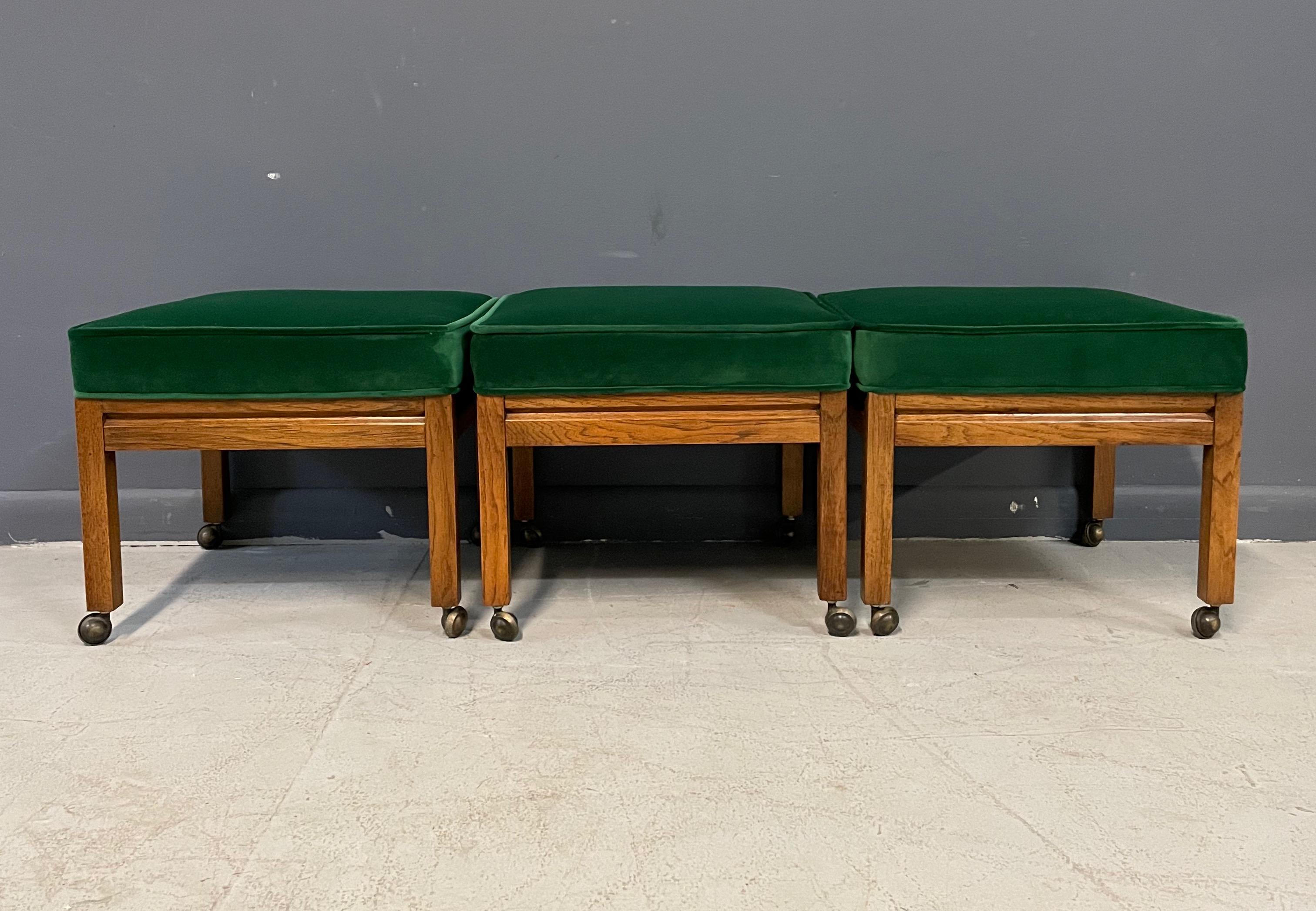 North American Trio of Square Upholstered Stools in Emerald Velvet and Pecan Probber Style For Sale