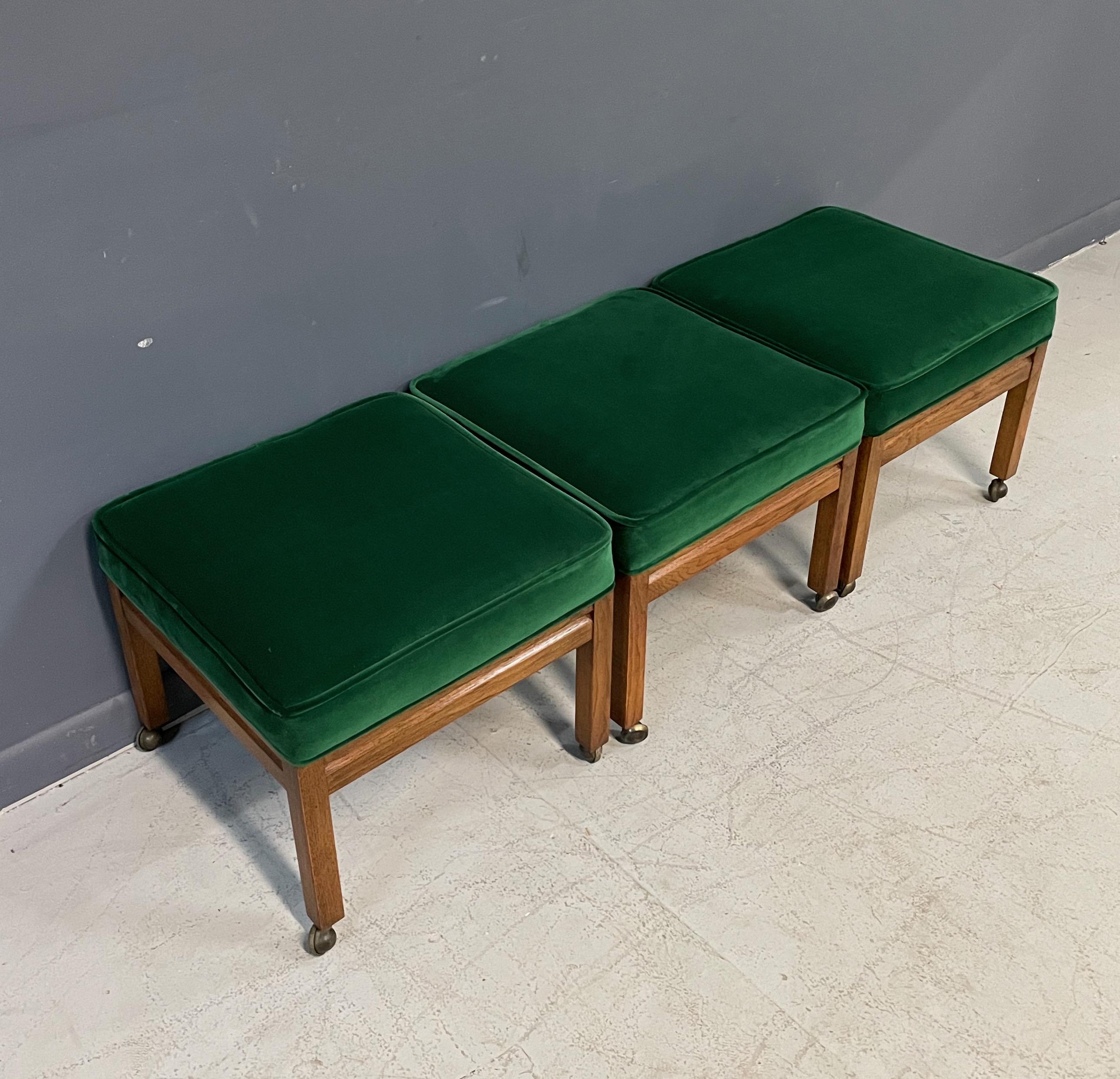 Trio of Square Upholstered Stools in Emerald Velvet and Pecan Probber Style For Sale 3
