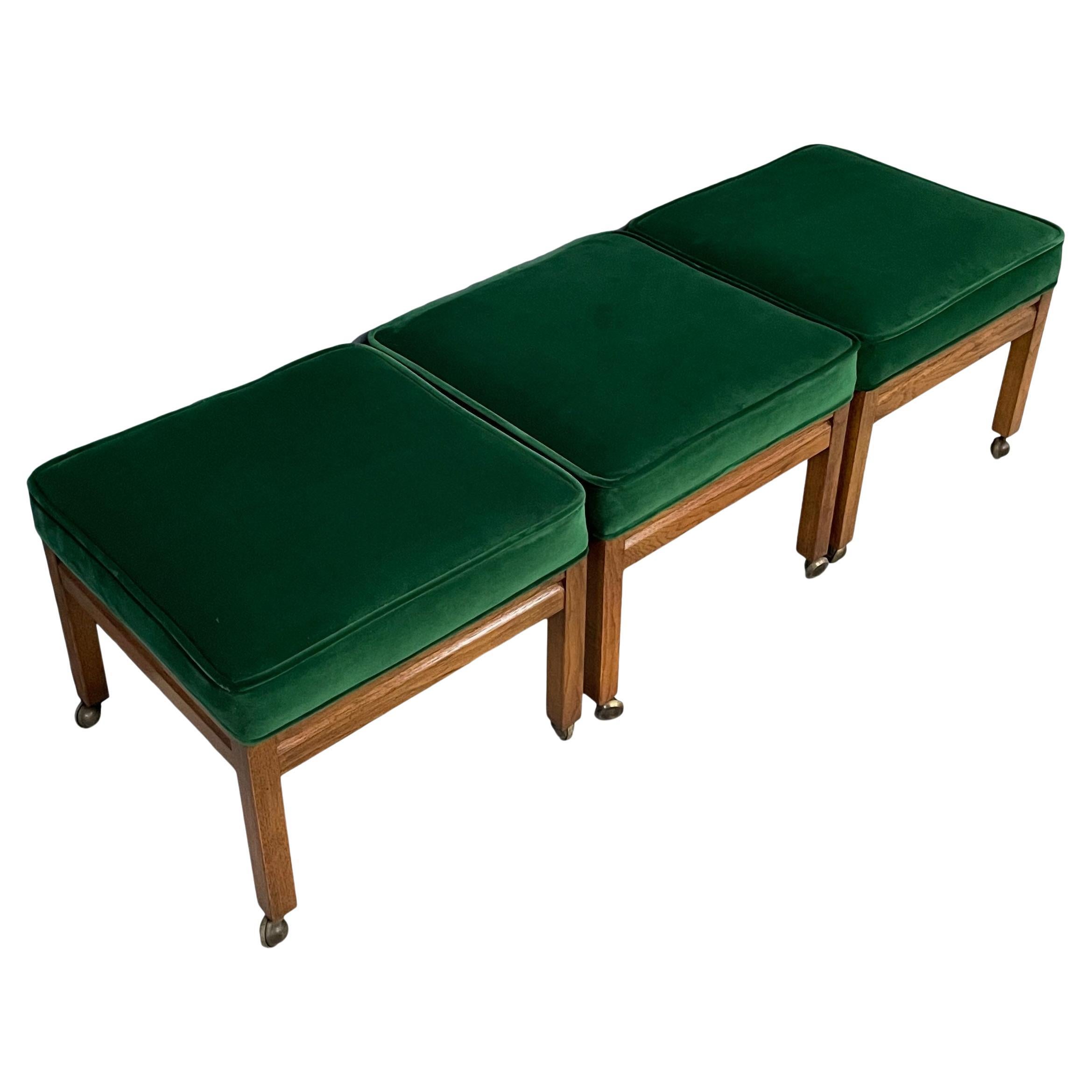 Trio of Square Upholstered Stools in Emerald Velvet and Pecan Probber Style For Sale