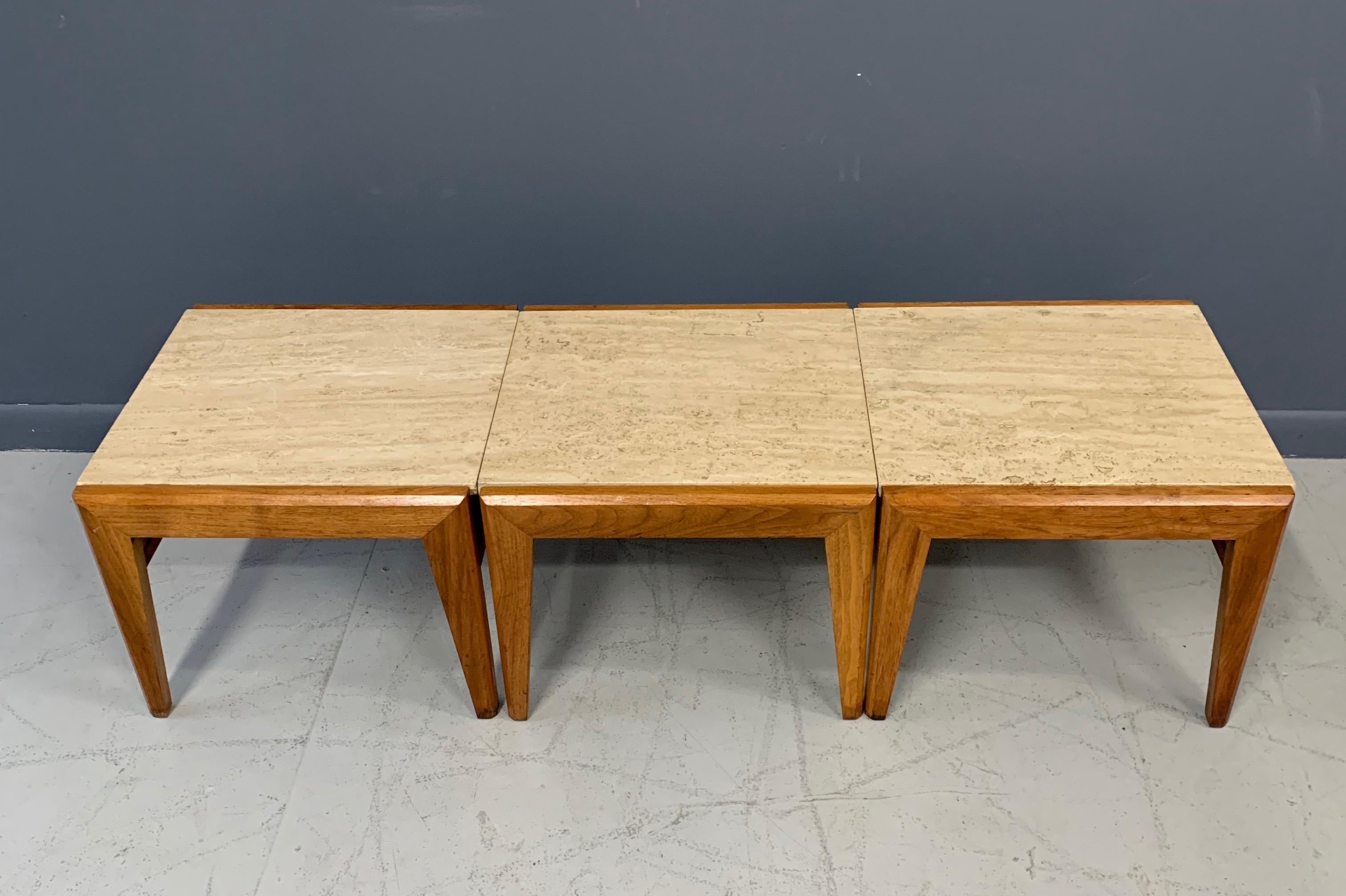Mid-Century Modern Mid-Century Trio of Walnut and Travertine Stools or Bench by Jens Risom For Sale