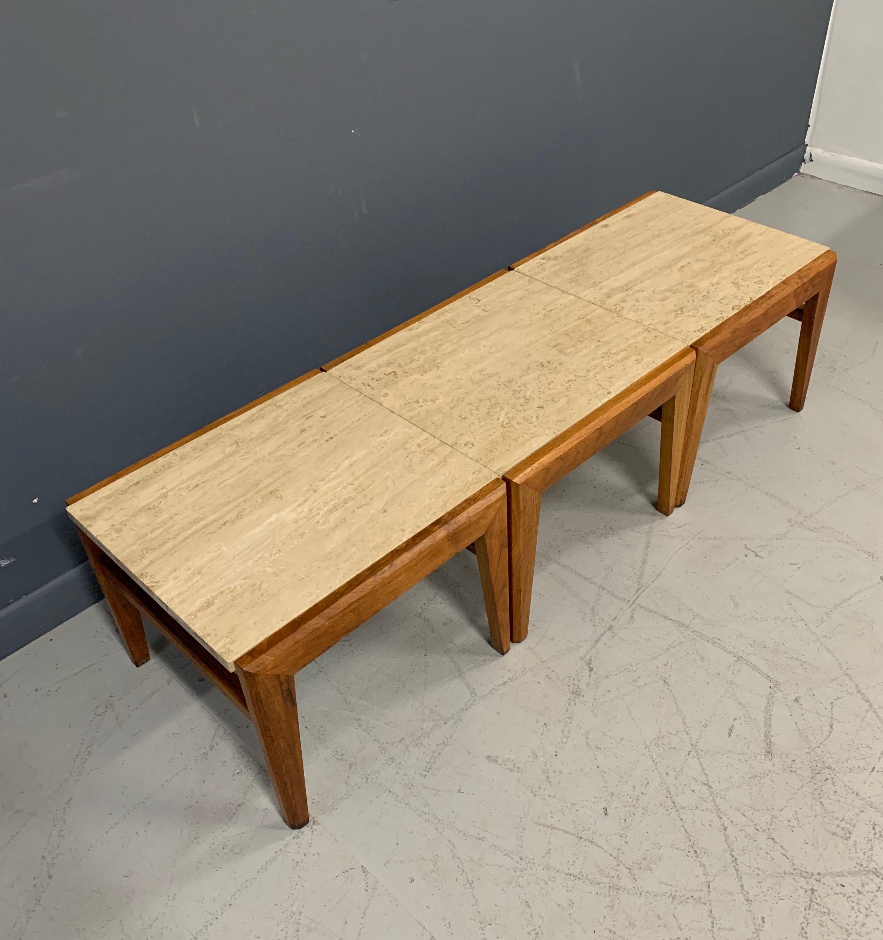 Mid-Century Trio of Walnut and Travertine Stools or Bench by Jens Risom In Good Condition For Sale In Philadelphia, PA