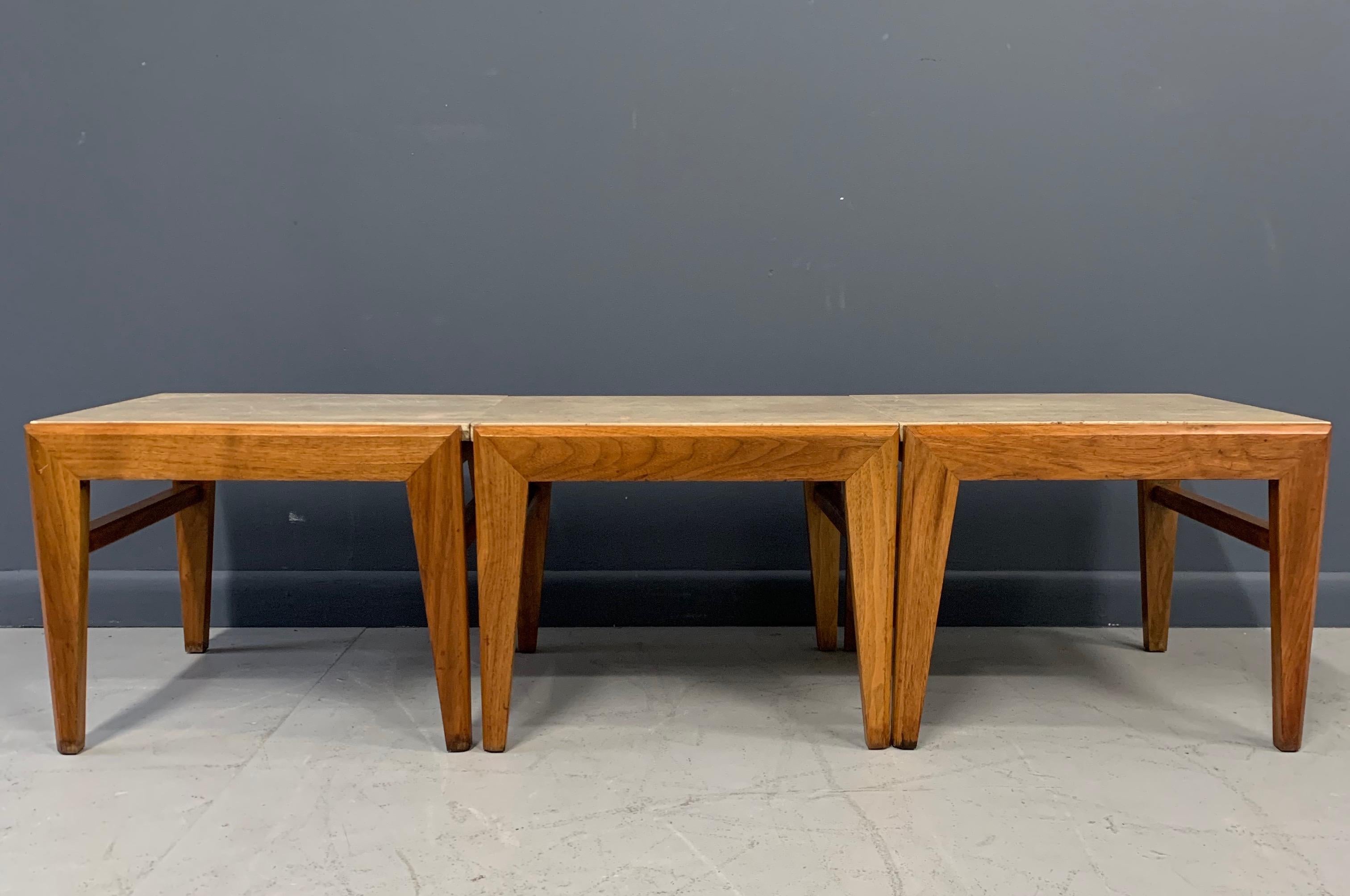European Mid-Century Trio of Walnut and Travertine Stools or Bench by Jens Risom For Sale