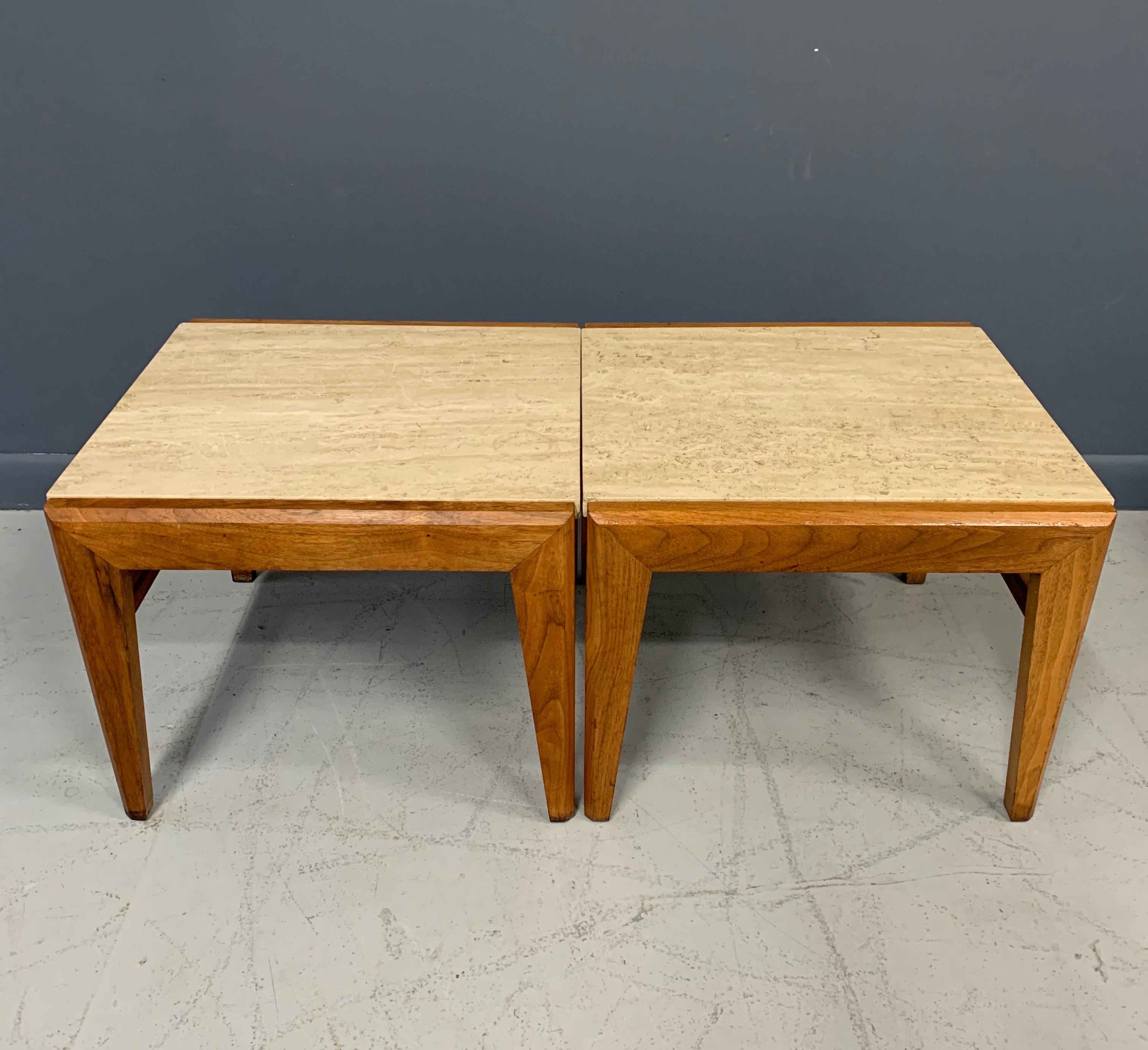 20th Century Mid-Century Trio of Walnut and Travertine Stools or Bench by Jens Risom For Sale