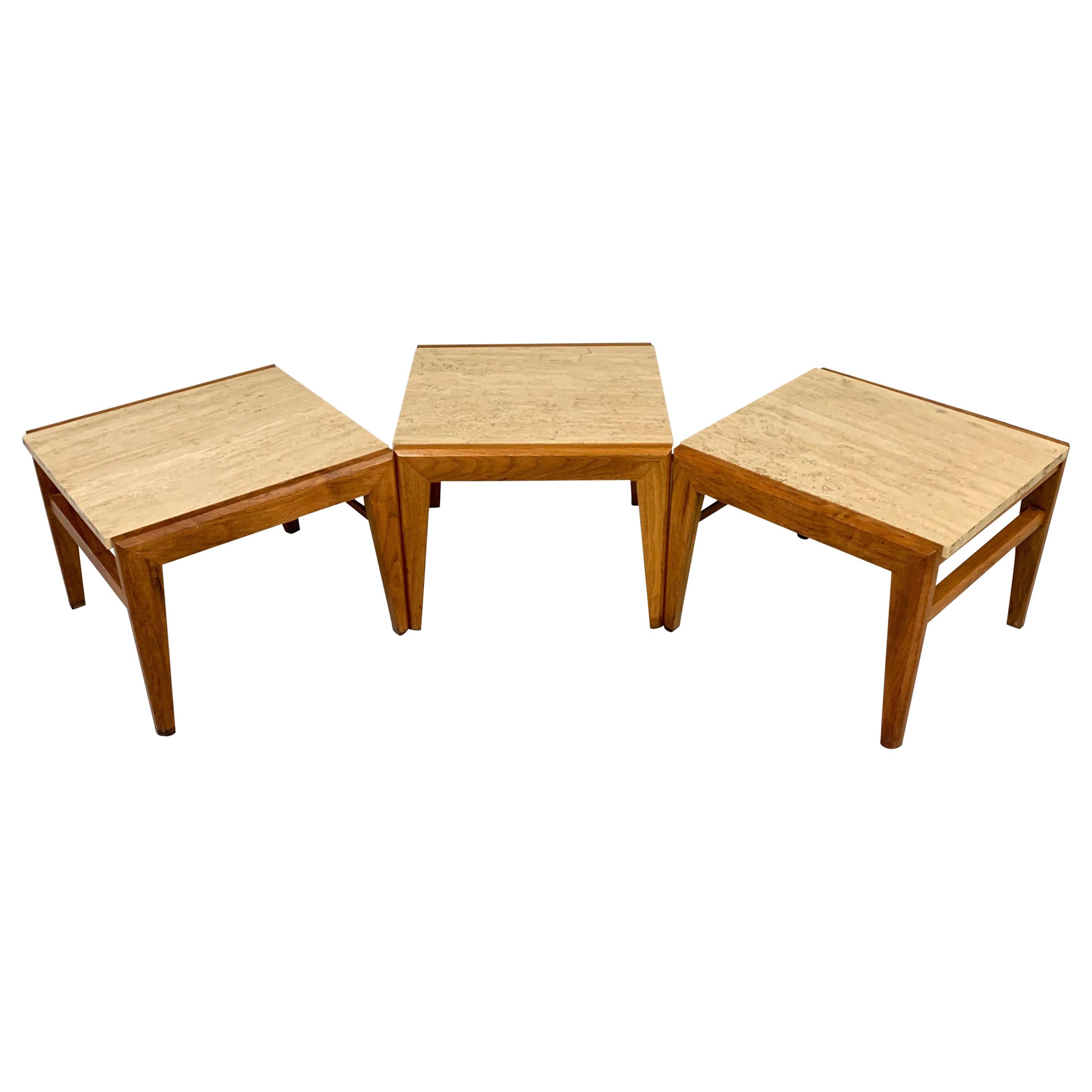 Mid-Century Trio of Walnut and Travertine Stools or Bench by Jens Risom For Sale