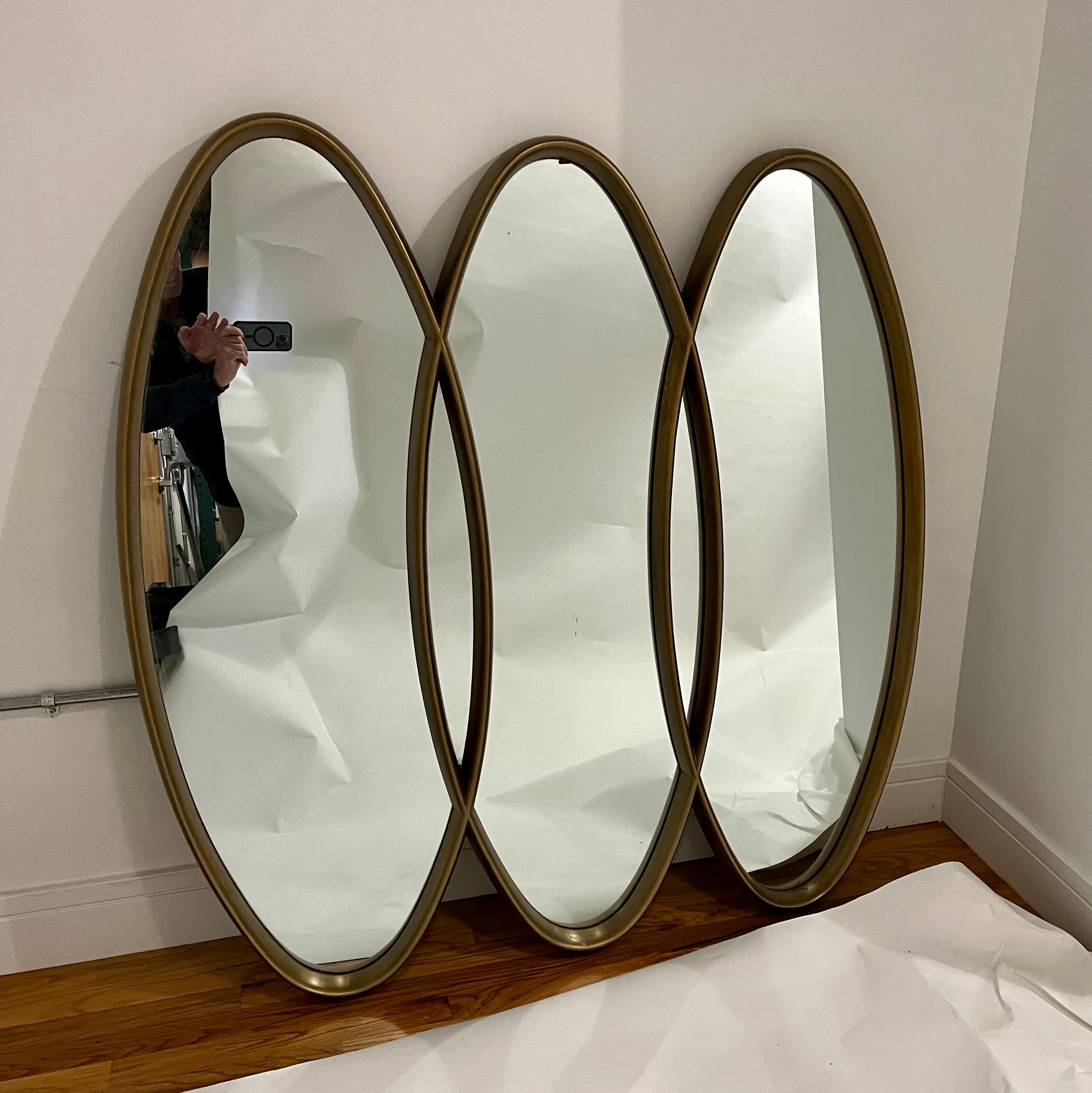 Hollywood Regency triple interlocking gold wood mirror by LaBarge dated 1962. Wired and ready to hang.