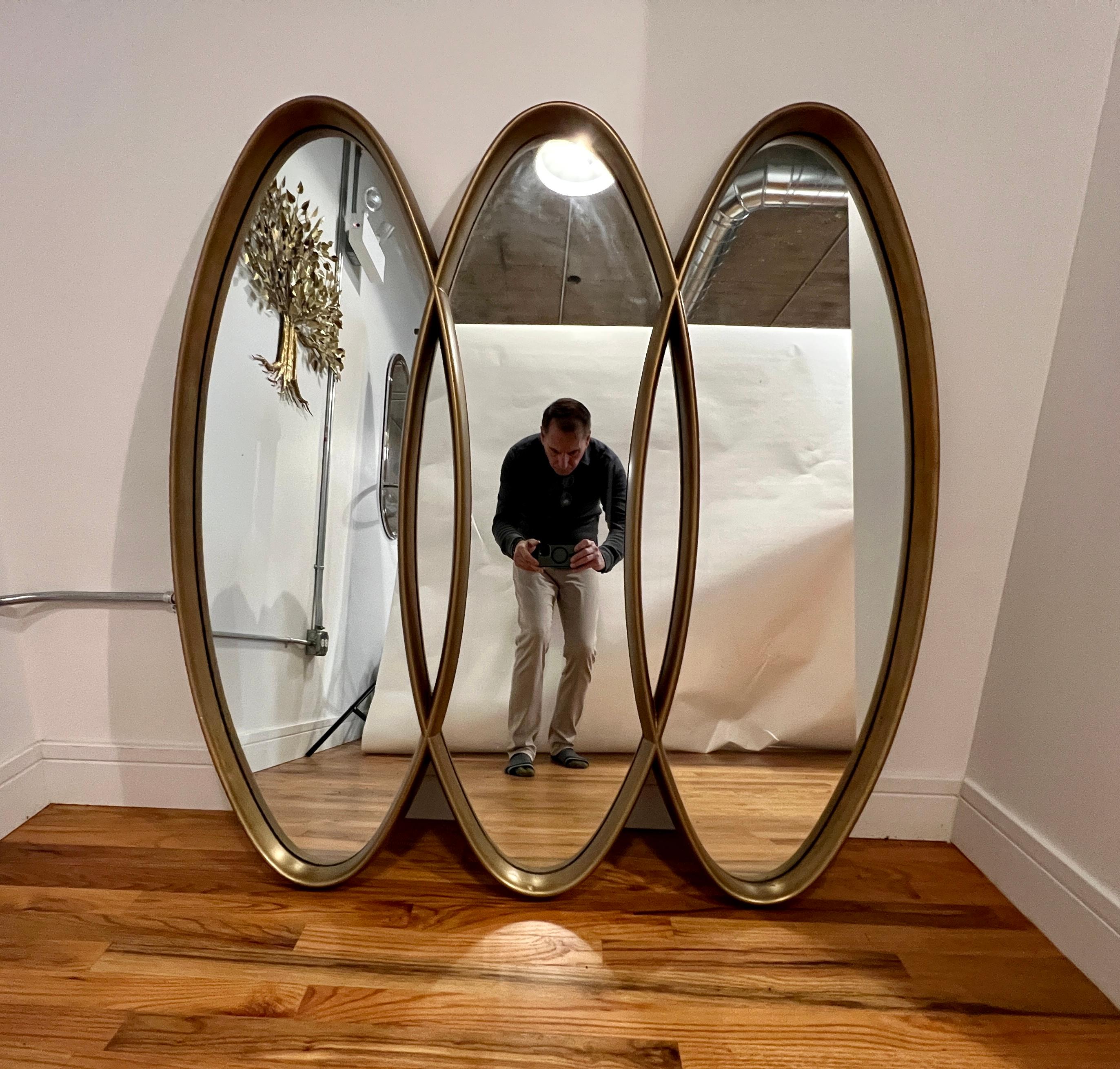 Hollywood Regency Midcentury Triple Interlocking Gold Mirror For Sale