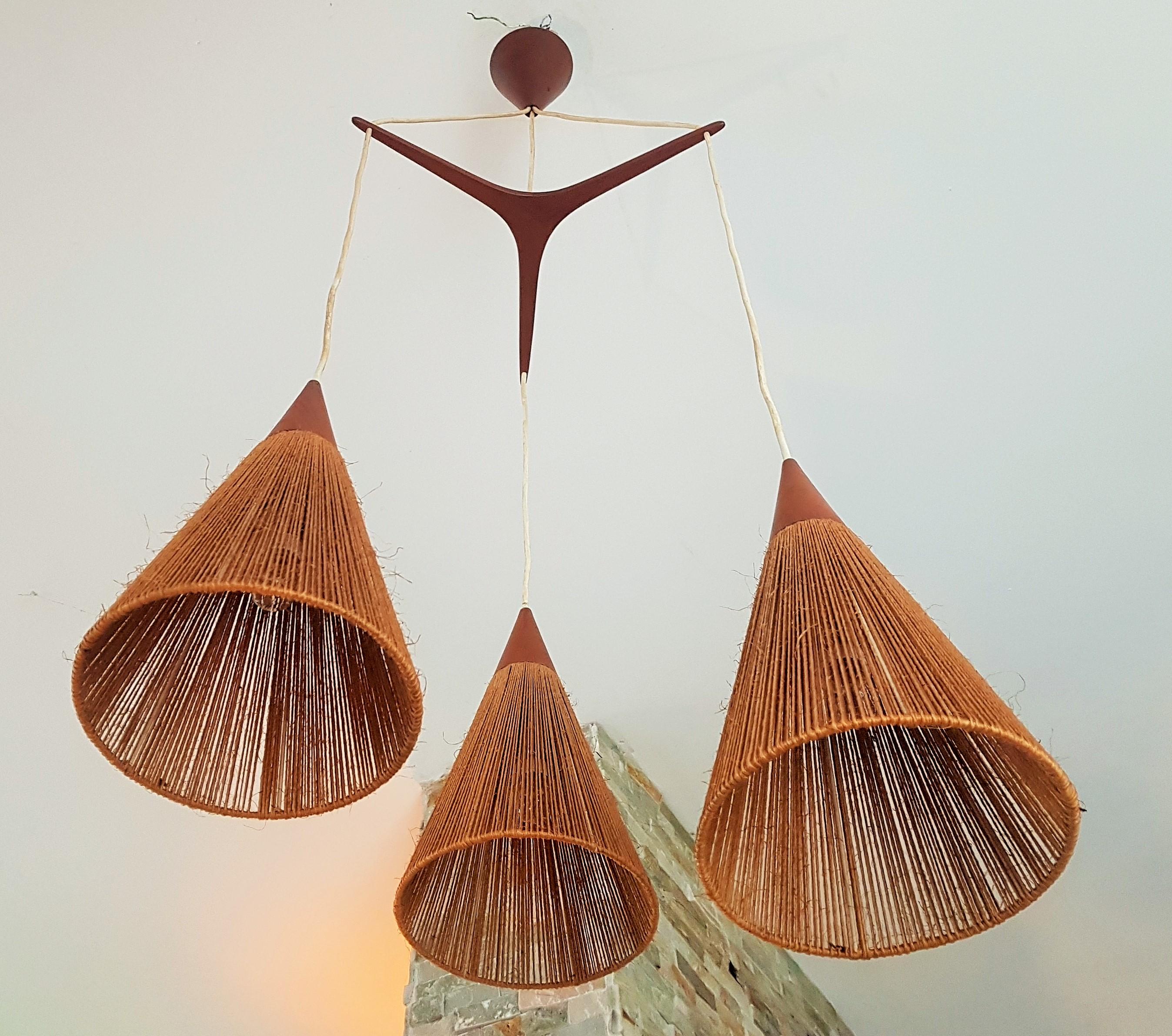 Mid-Century Triple Shade Lamp Teak Ib Fabiansen for Fog & Mørup, 1960s, Denmark For Sale 13