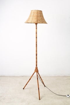 Midcentury Tripod Bamboo and Wicker Floor Lamp, 1960s