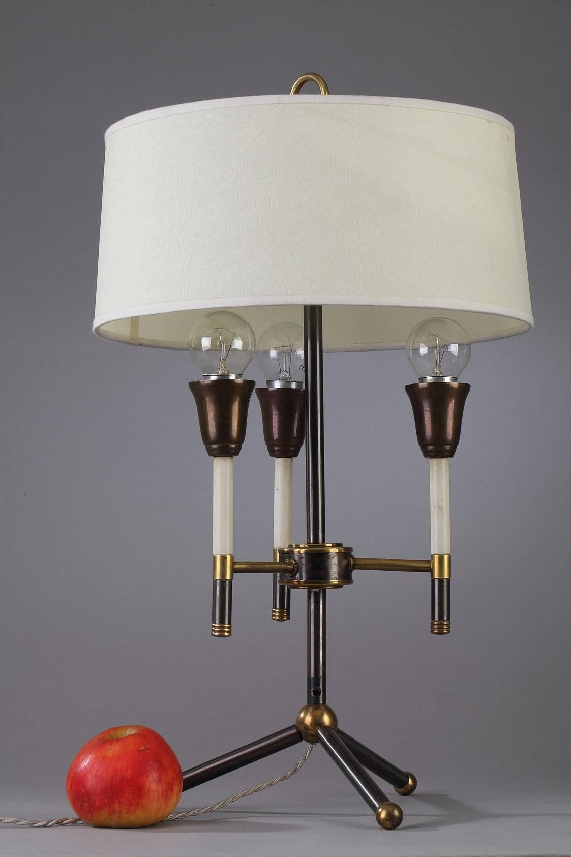 20th Century Mid-Century Tripod Black and Gilded Metal Table Lamp