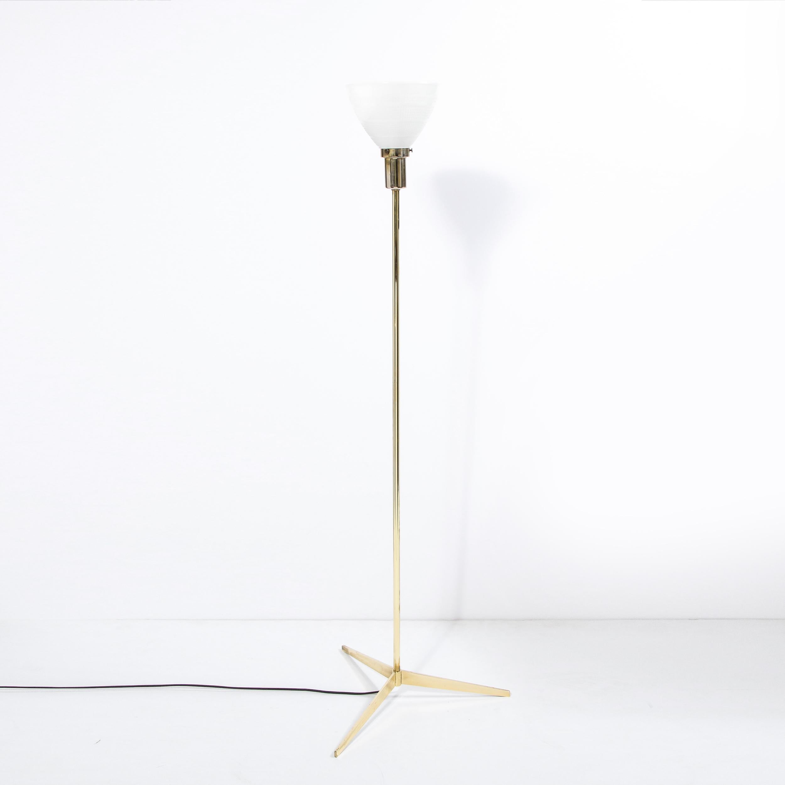 Mid Century Tripod Brass Floor Lamp w/ Textured White Glass Shade by Paul McCobb For Sale 4