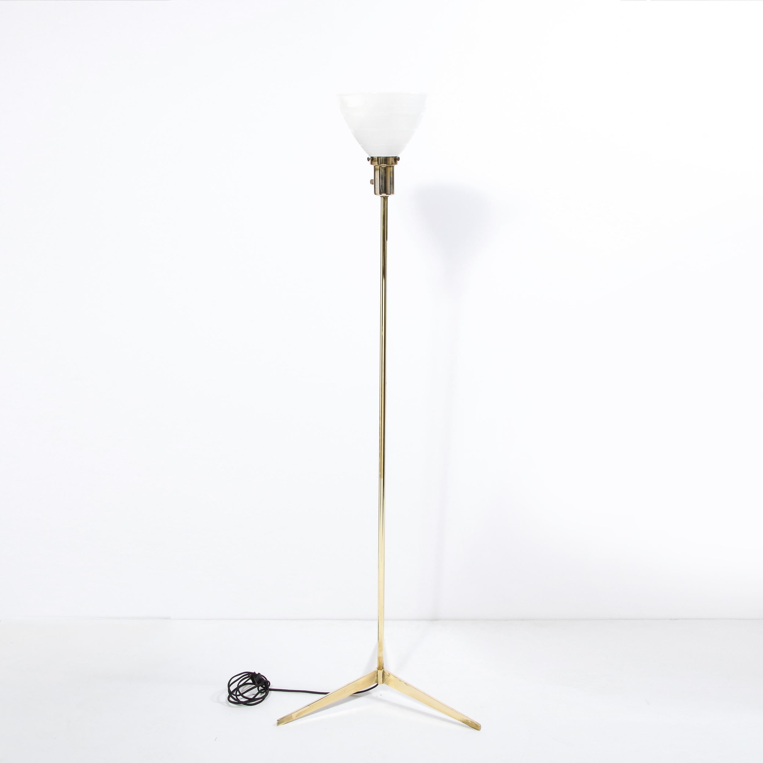 Mid Century Tripod Brass Floor Lamp w/ Textured White Glass Shade by Paul McCobb For Sale 5