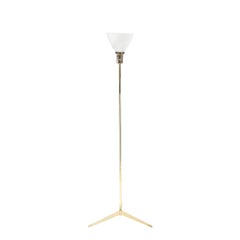Mid Century Tripod Brass Floor Lamp w/ Textured White Glass Shade by Paul McCobb