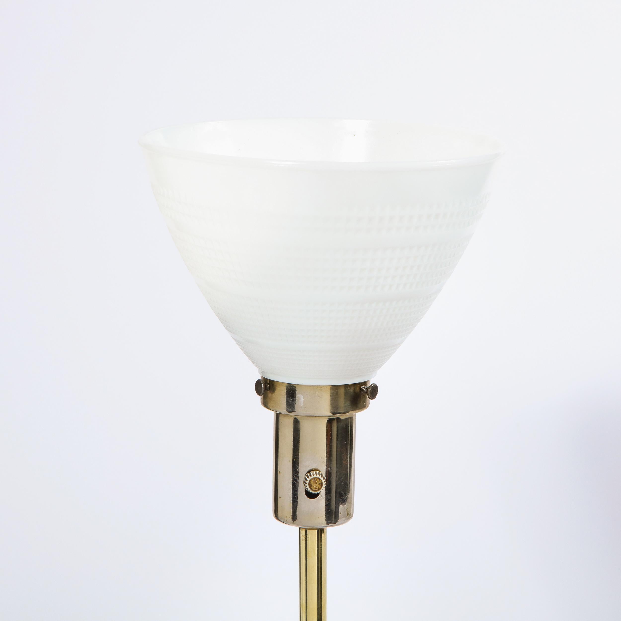 American Mid Century Tripod Brass Floor Lamp w/ Textured White Glass Shade by Paul McCobb For Sale
