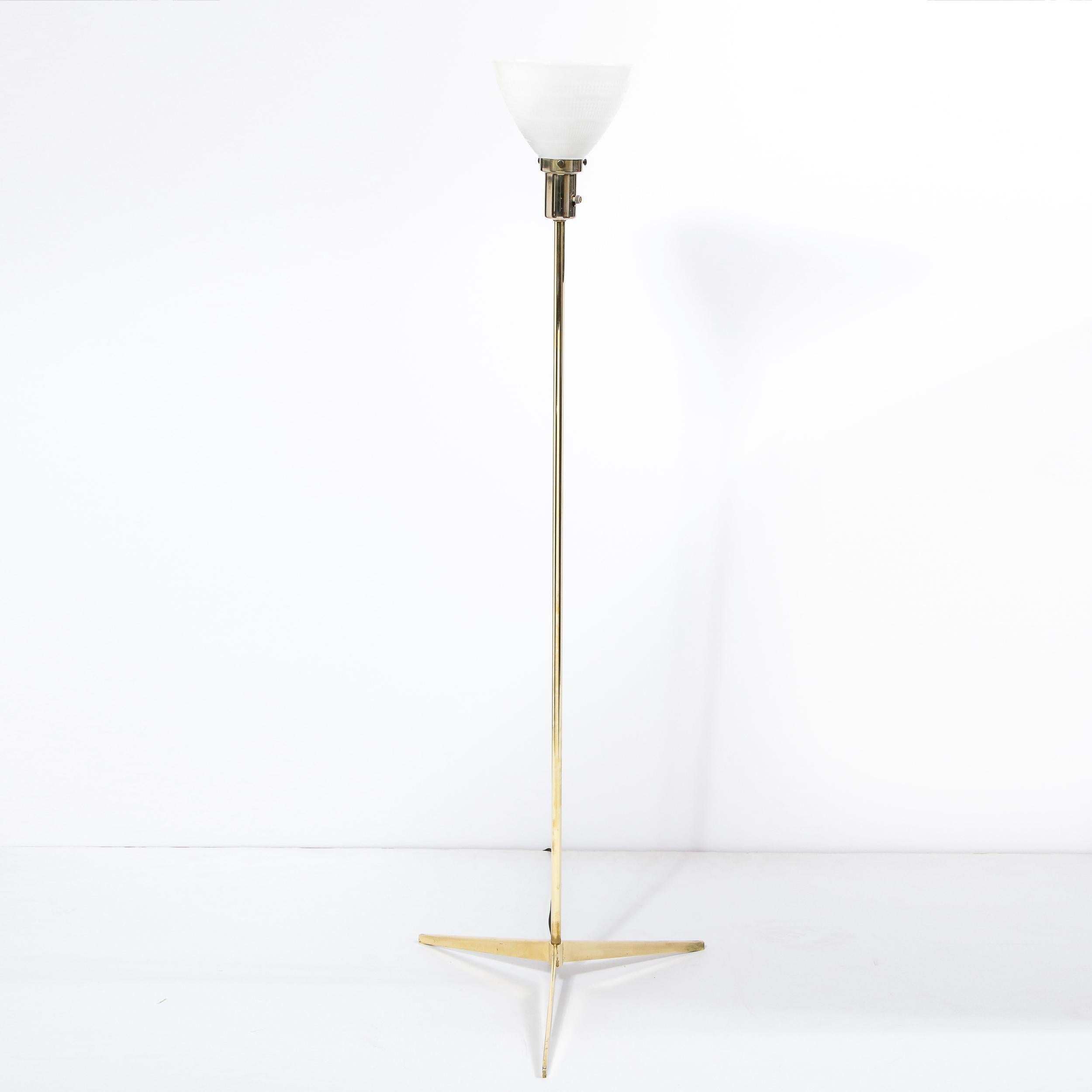 Mid Century Tripod Brass Floor Lamp w/ Textured White Glass Shade by Paul McCobb In Good Condition For Sale In New York, NY