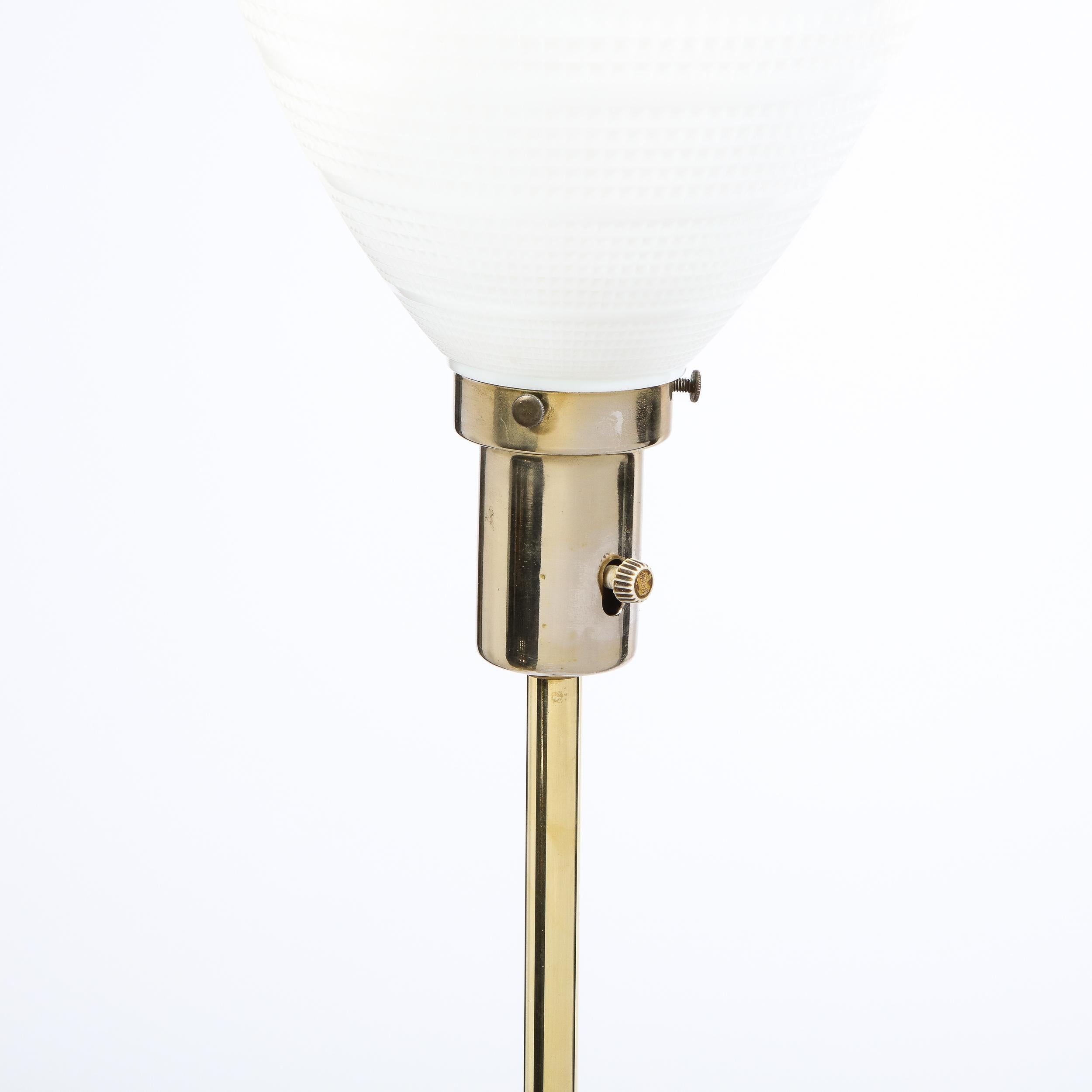 Mid Century Tripod Brass Floor Lamp w/ Textured White Glass Shade by Paul McCobb For Sale 2