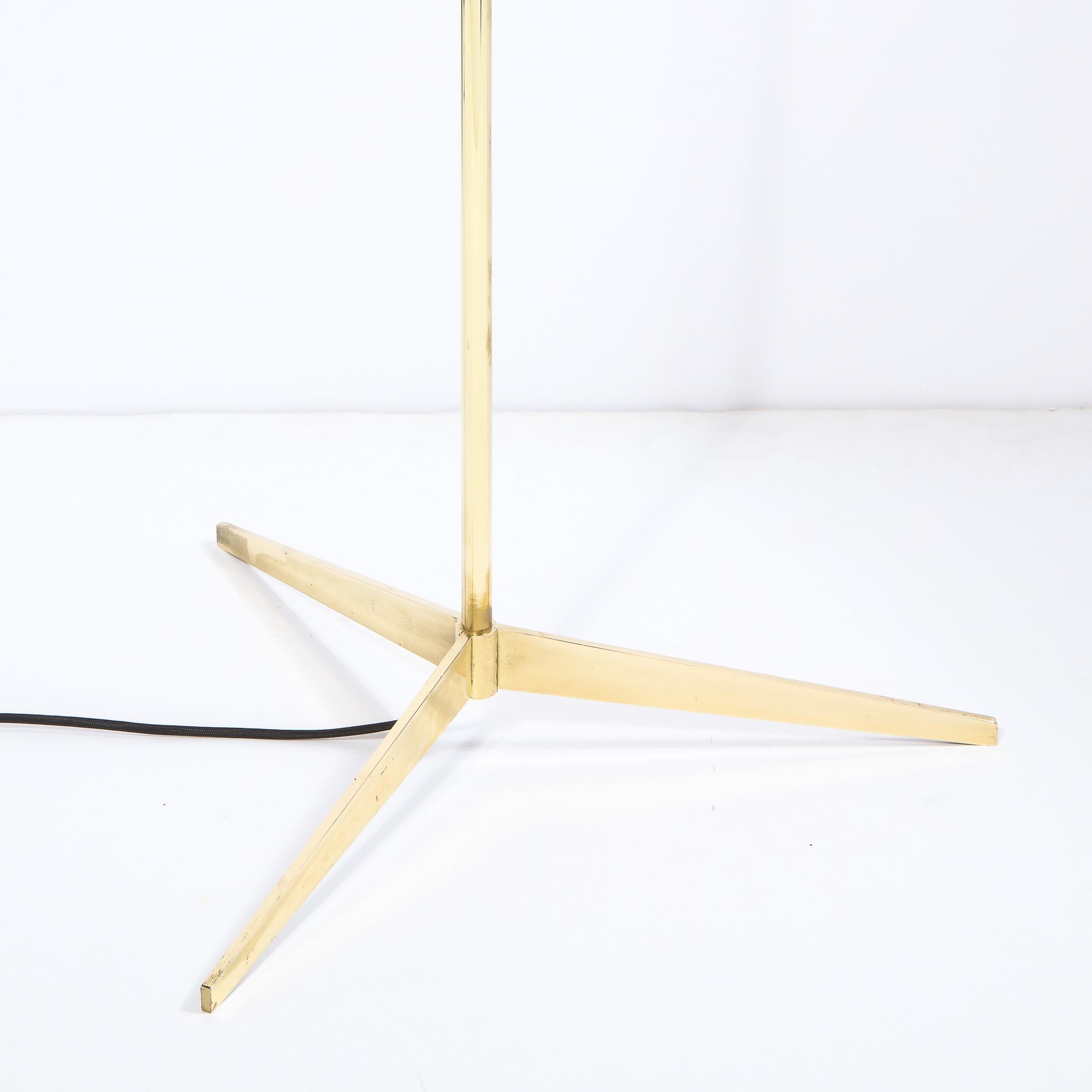 Mid Century Tripod Brass Floor Lamp w/ Textured White Glass Shade by Paul McCobb For Sale 3