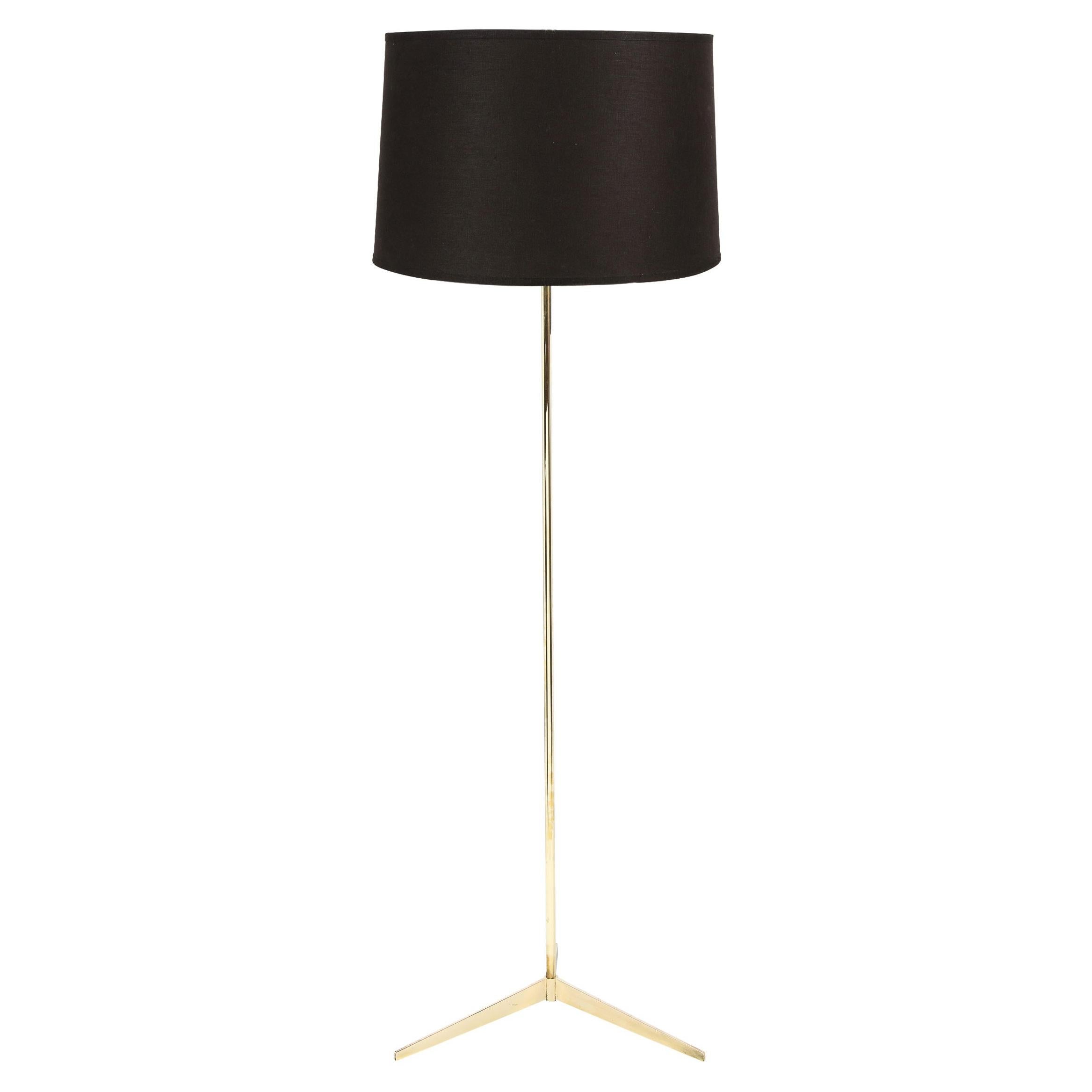 Mid Century Tripod Brass Floor Lamp w/ Textured White Glass Shade by Paul McCobb