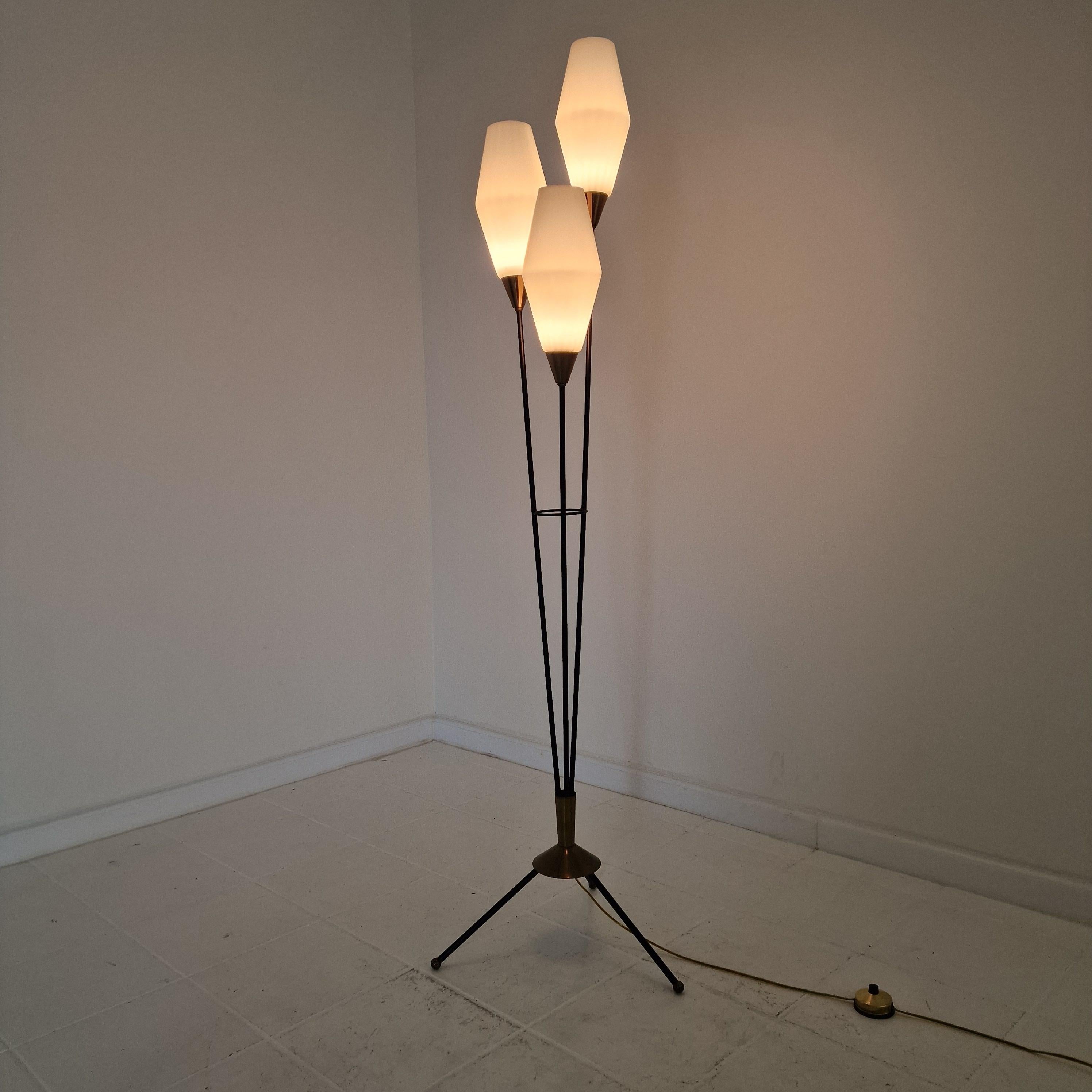 Preciosa lámpara de pie trípode, Italia, años 50. 

Patas de acero lacado en negro con detalles de latón y una pantalla de cristal opalino.

Algunas huellas normales de uso, ver las fotos.
La lámpara ha sido recableada y restaurada por un