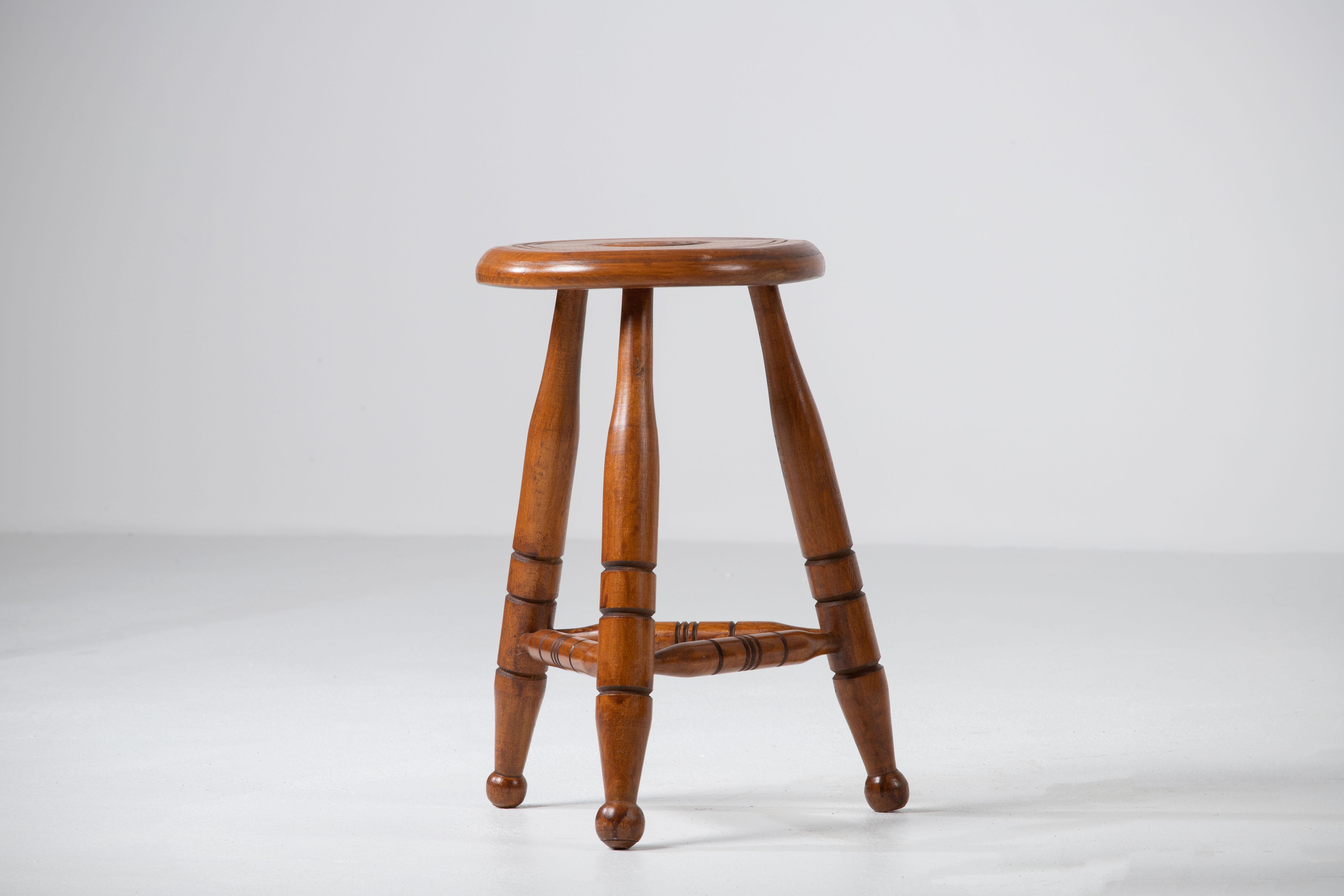 Hand-Carved Mid-Century Tripod Stool, France For Sale