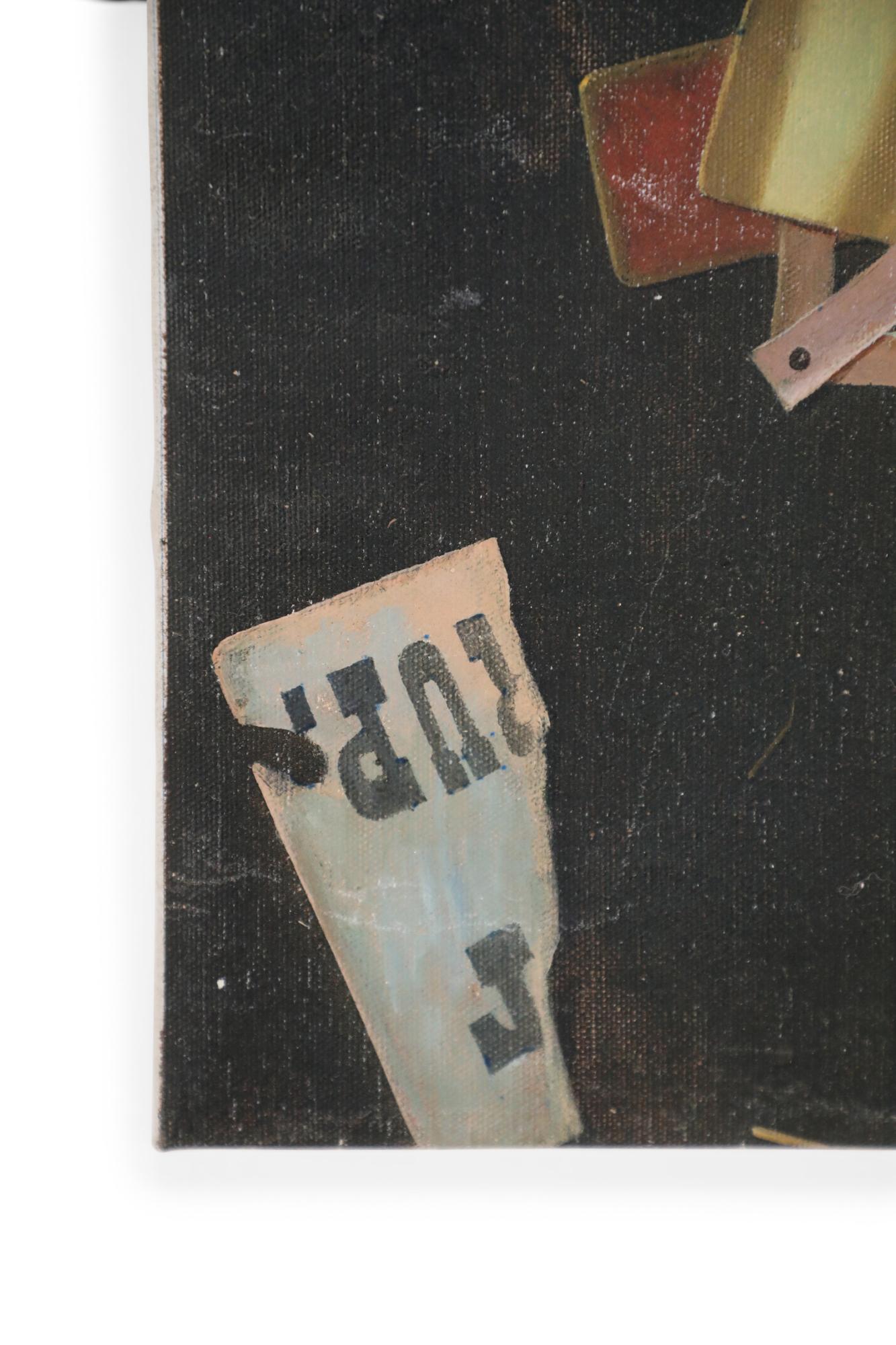 20ième siècle Peinture à l'huile du milieu du siècle dernier représentant un panneau avec des cartes et des éphémères en vente