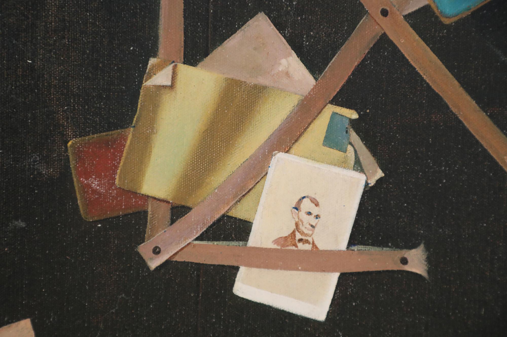 Peinture à l'huile du milieu du siècle dernier représentant un panneau avec des cartes et des éphémères en vente 2