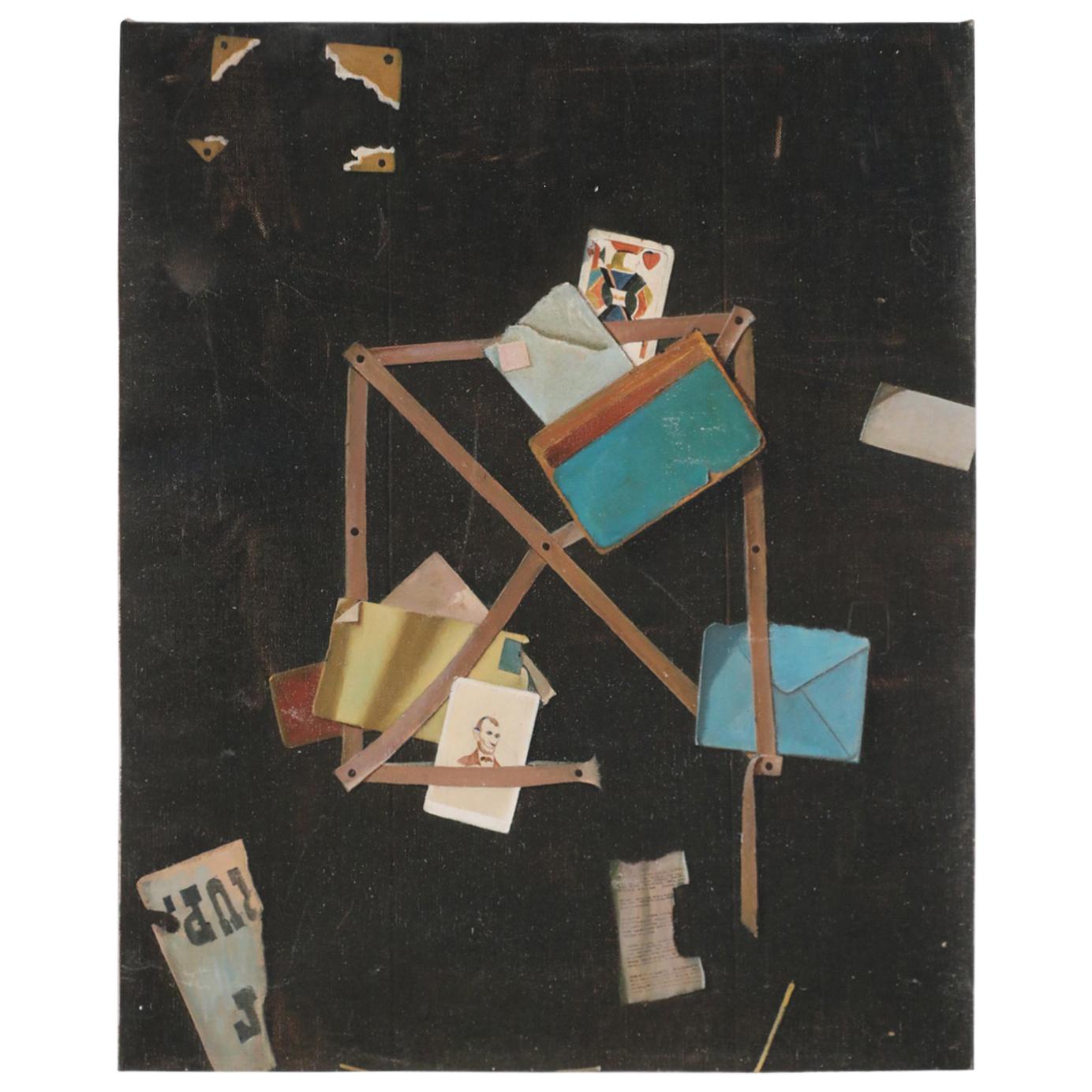 Peinture à l'huile du milieu du siècle dernier représentant un panneau avec des cartes et des éphémères en vente