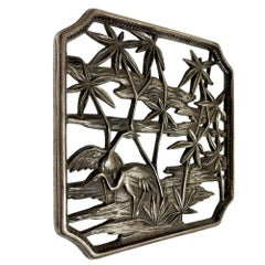 Mid-century Tropical Cranes in Water Scene Metal Wall Scupture by Syroco