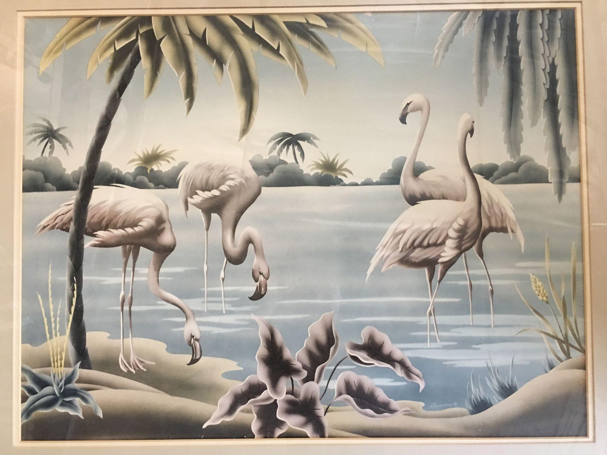 Questa deliziosa stampa ad aerografo di Turner della metà del secolo scorso raffigura una coppia di vivaci fenicotteri tropicali, splendidamente inseriti in uno sfondo lussureggiante. L'opera d'arte è elegantemente incorniciata in bambù, per