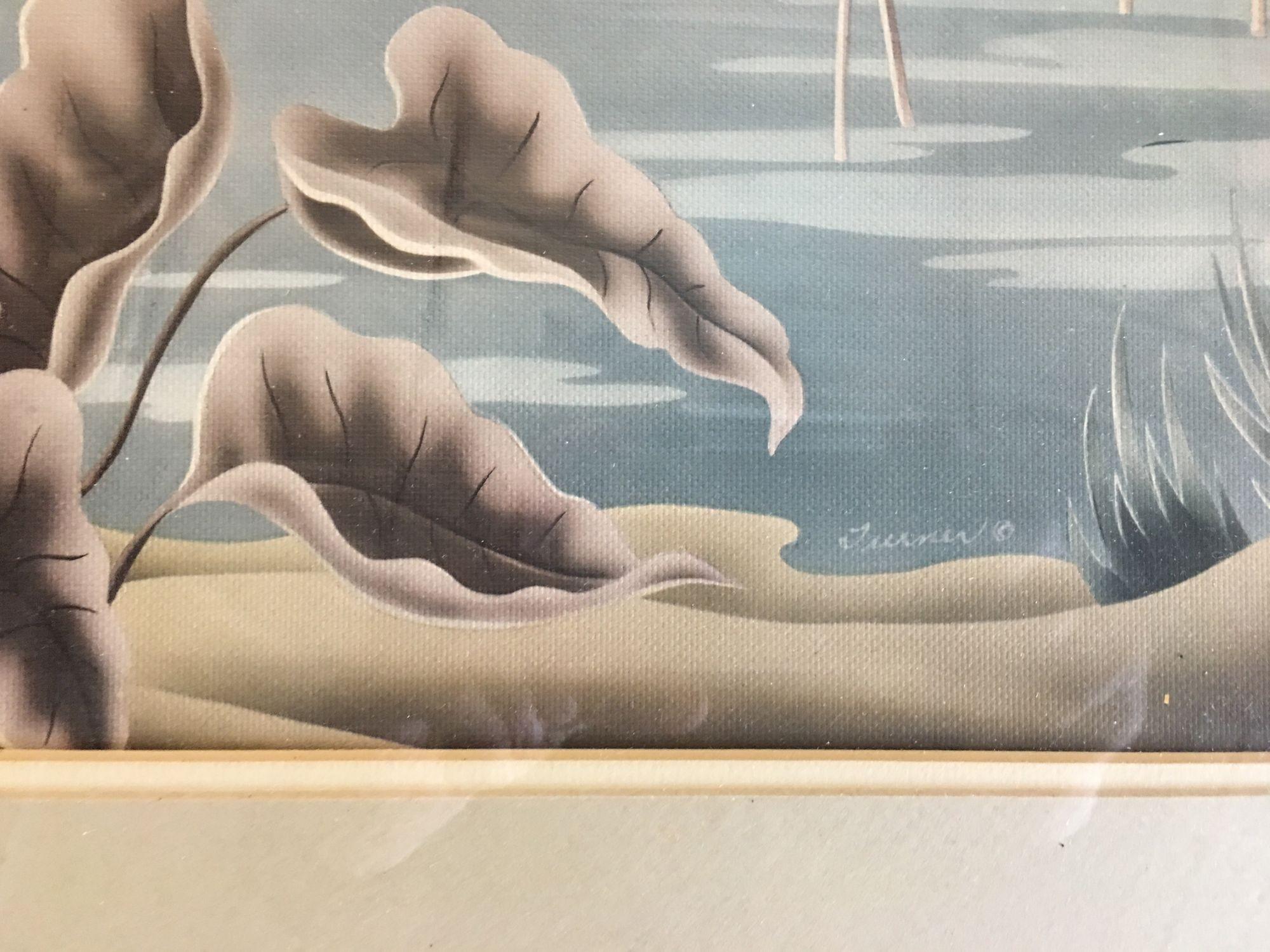 Americano Stampa ad aerografo di fenicotteri tropicali di metà secolo con cornice in legno di bambù intagliato in vendita