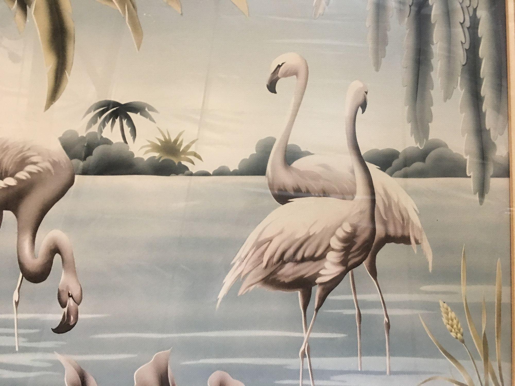 Stampa ad aerografo di fenicotteri tropicali di metà secolo con cornice in legno di bambù intagliato In condizioni ottime in vendita a Van Nuys, CA