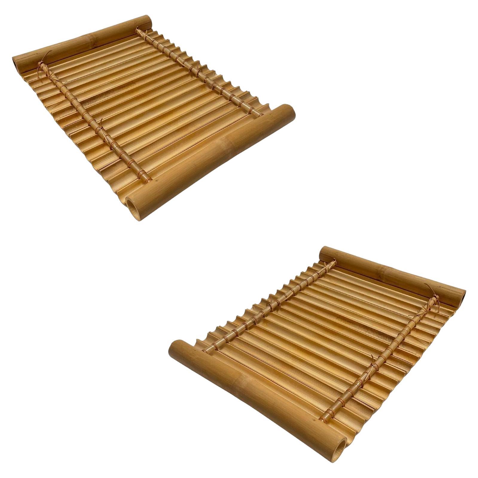 Restored Mid Century Tropical Split Bamboo Serving Tray, Pair For Sale