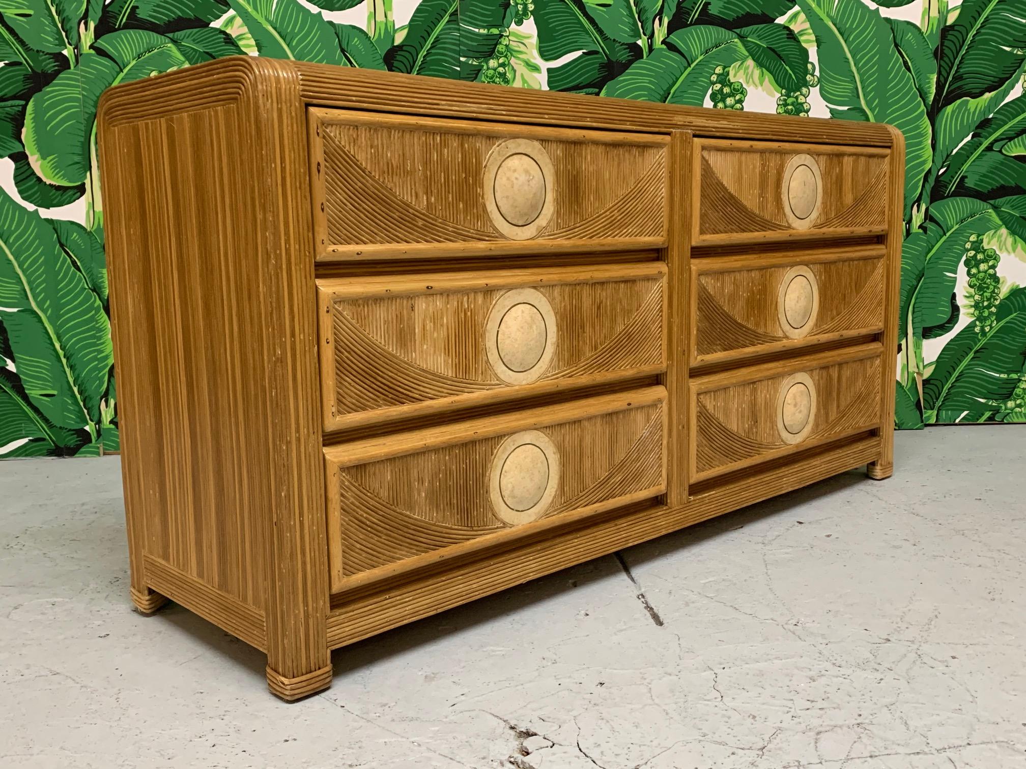 Midcentury double dresser features split reed design as well as decorative stone inlay on drawer fronts. Good condition with minor imperfections consistent with age.