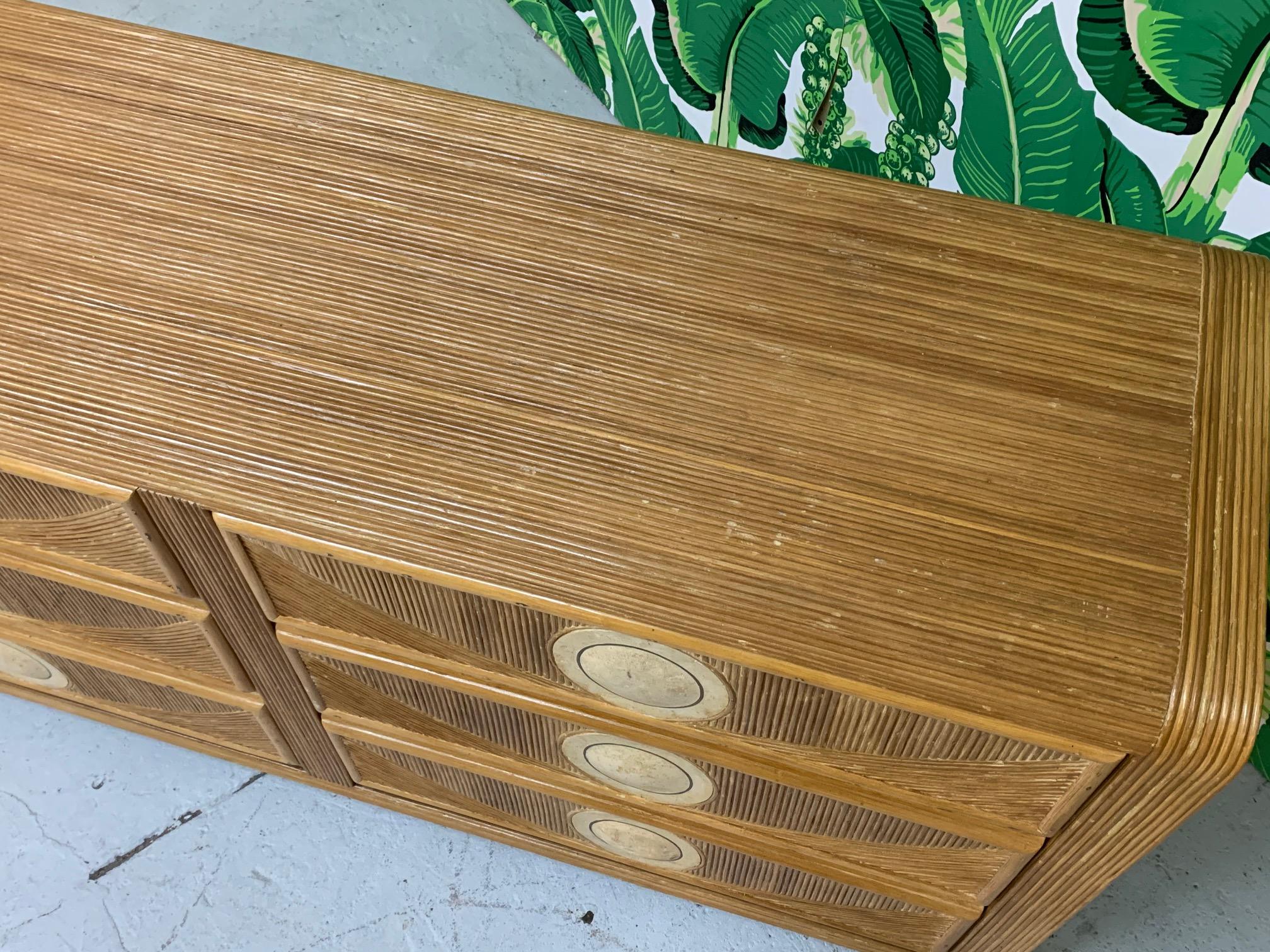 Hollywood Regency Midcentury Tropical Split Pencil Reed Rattan Dresser