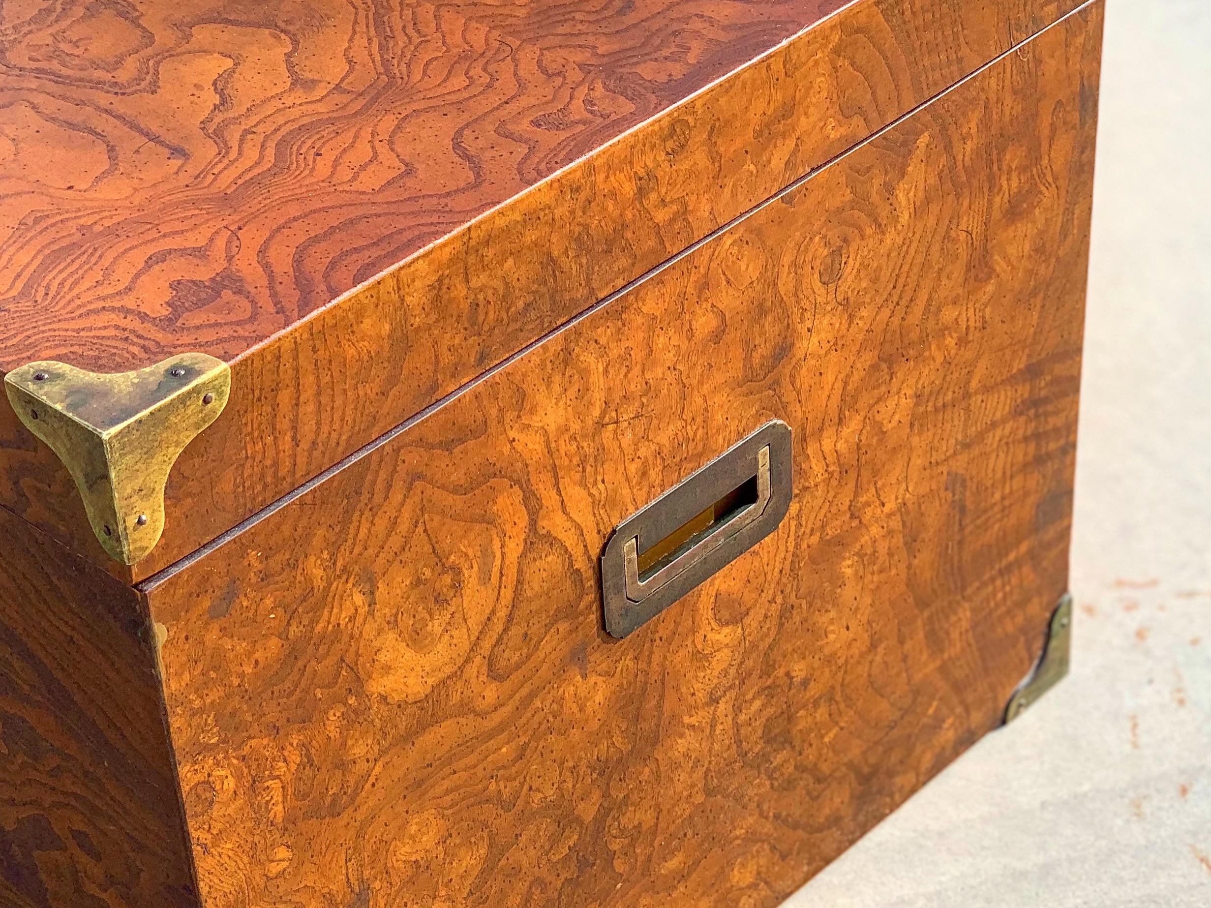 Mid Century Trunk in Burl Wood and Brass by Henredon Campaign Style Coffee Table 6