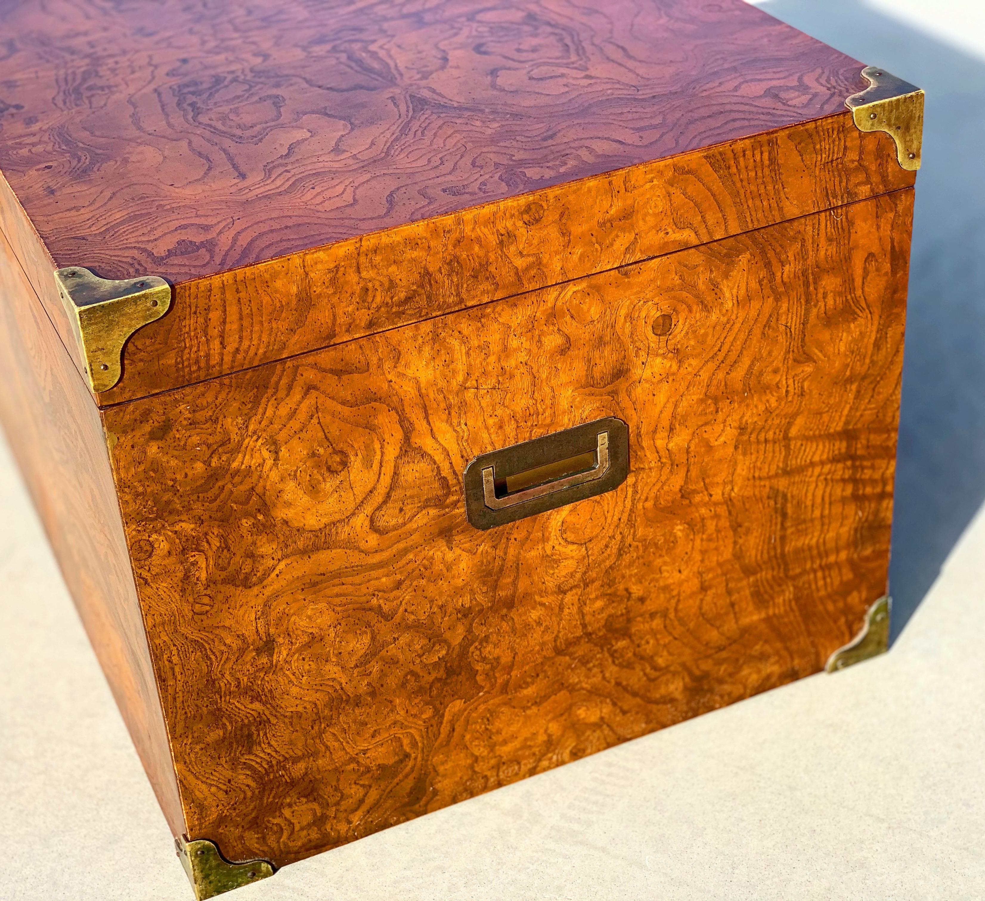 Mid Century Trunk in Burl Wood and Brass by Henredon Campaign Style Coffee Table 1