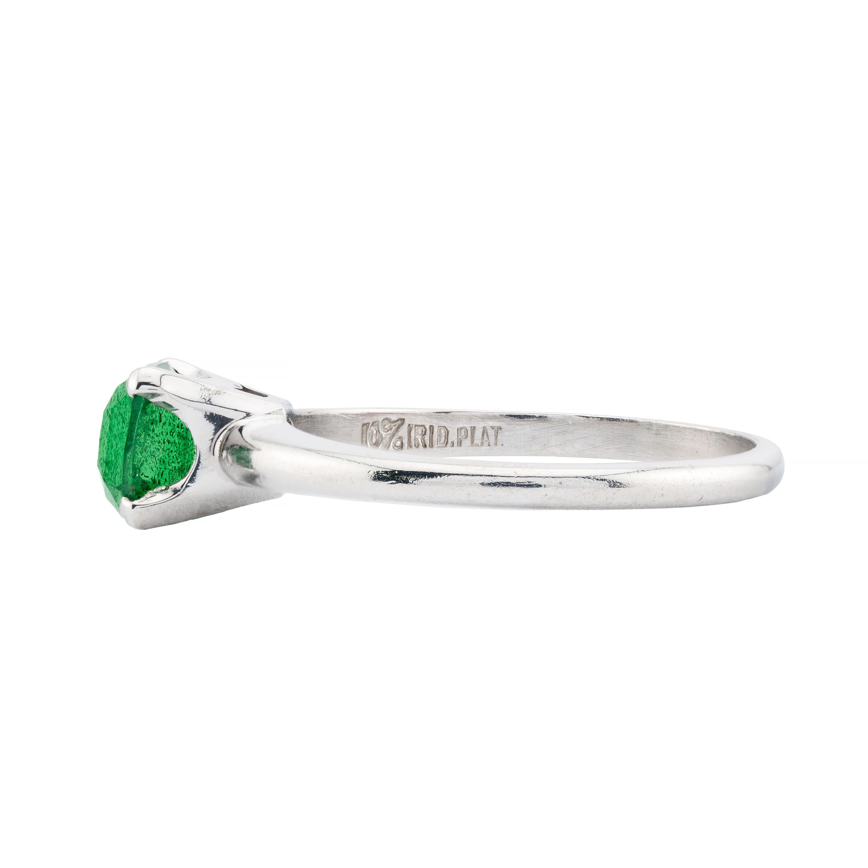 Antique Cushion Cut Mid Century Tsavorite Garnet 1.65ct Solitaire Ring in Platinum For Sale