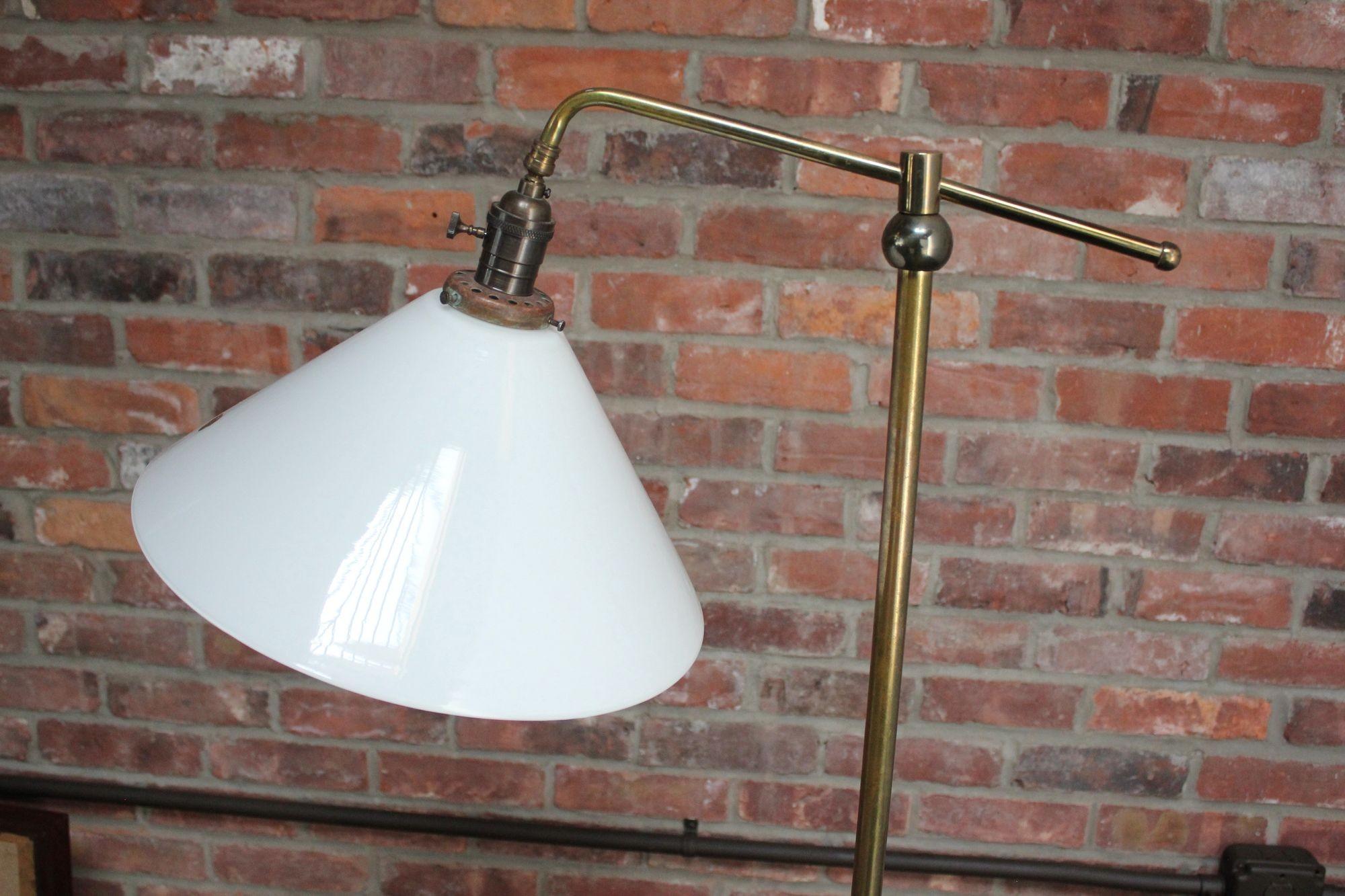Mid-Century Tubular Brass Floor Lamp with French Milk Glass Shade For Sale 1