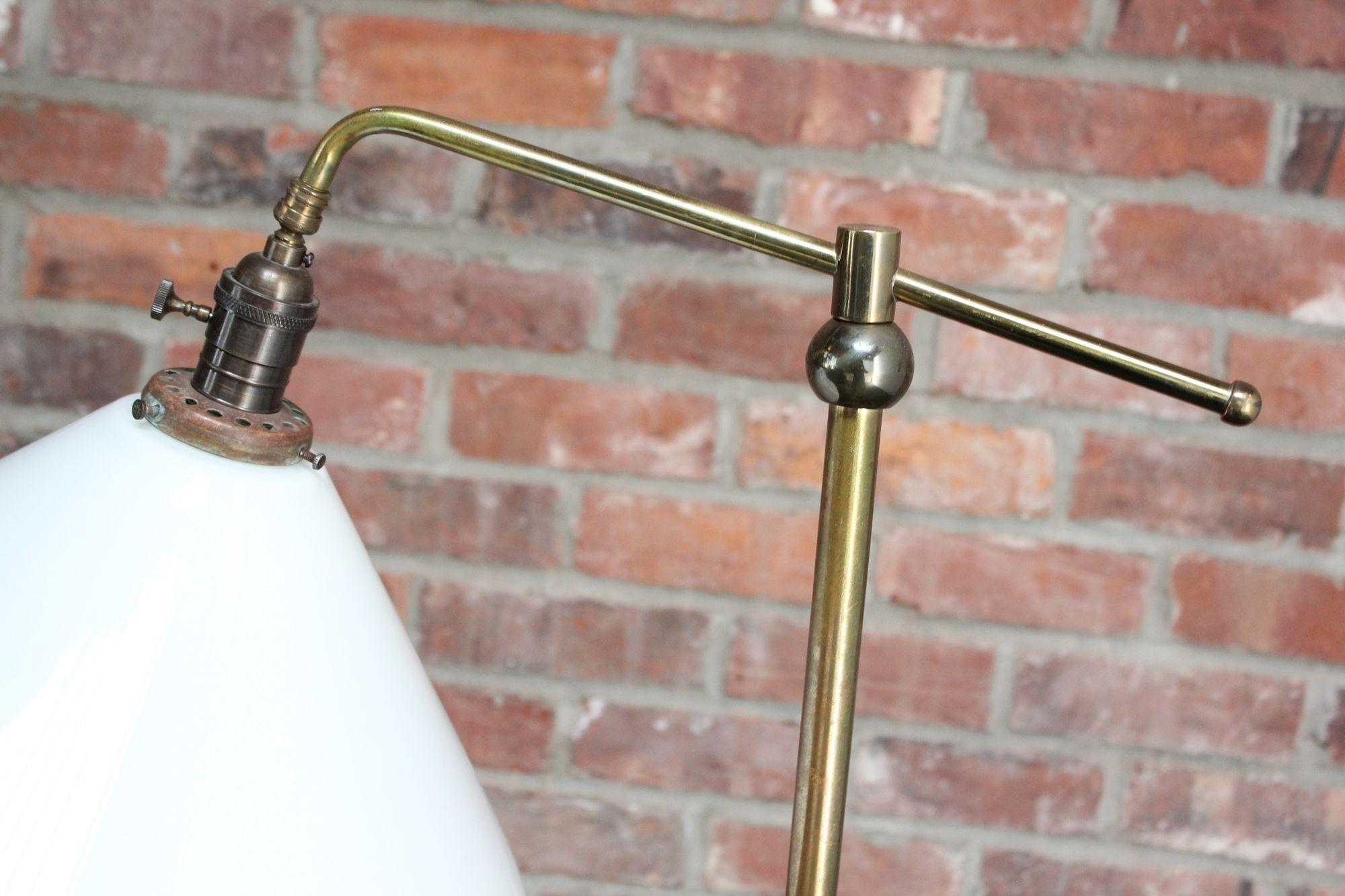 Mid-Century Tubular Brass Floor Lamp with French Milk Glass Shade For Sale 6