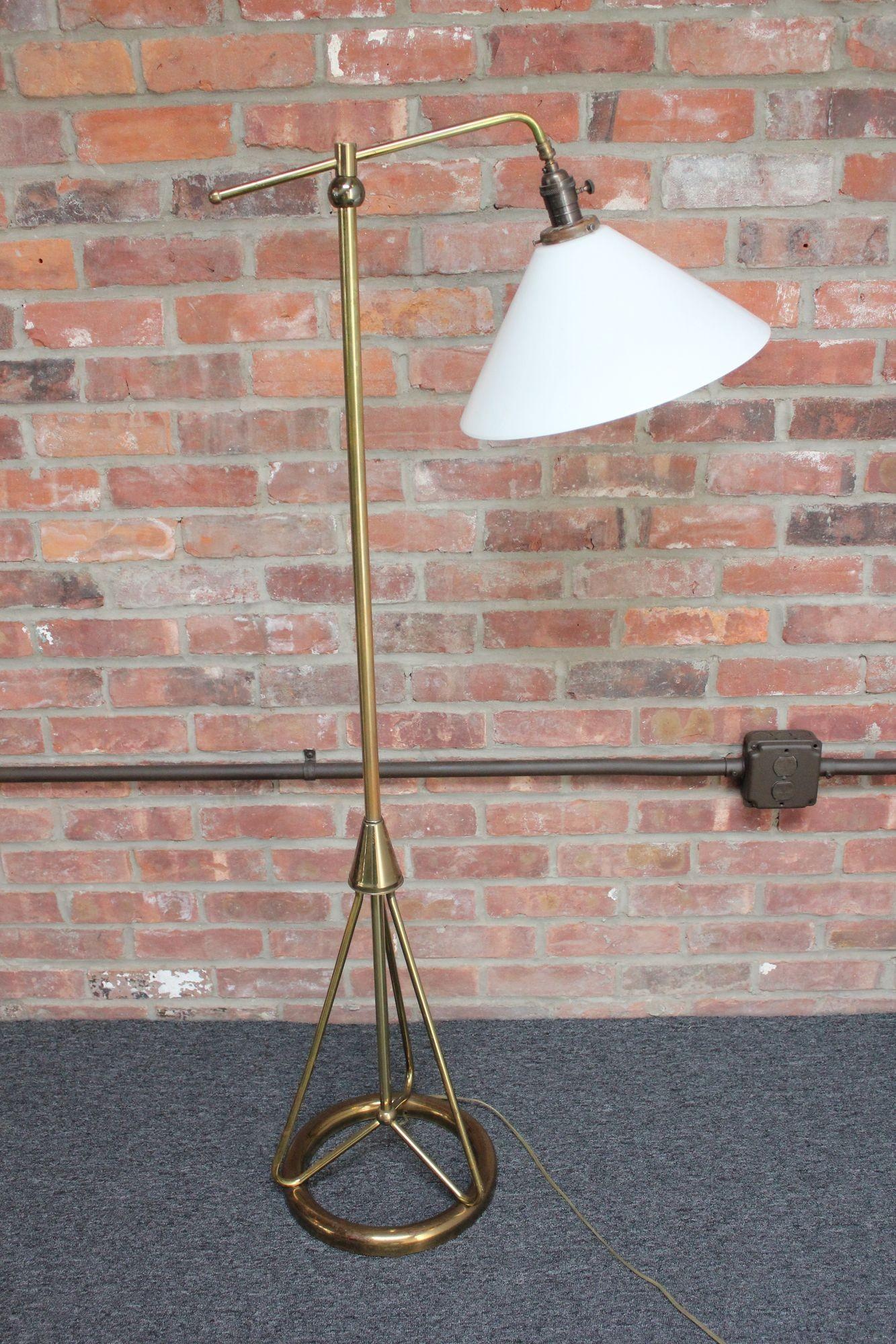 Mid-Century Modern Mid-Century Tubular Brass Floor Lamp with French Milk Glass Shade For Sale