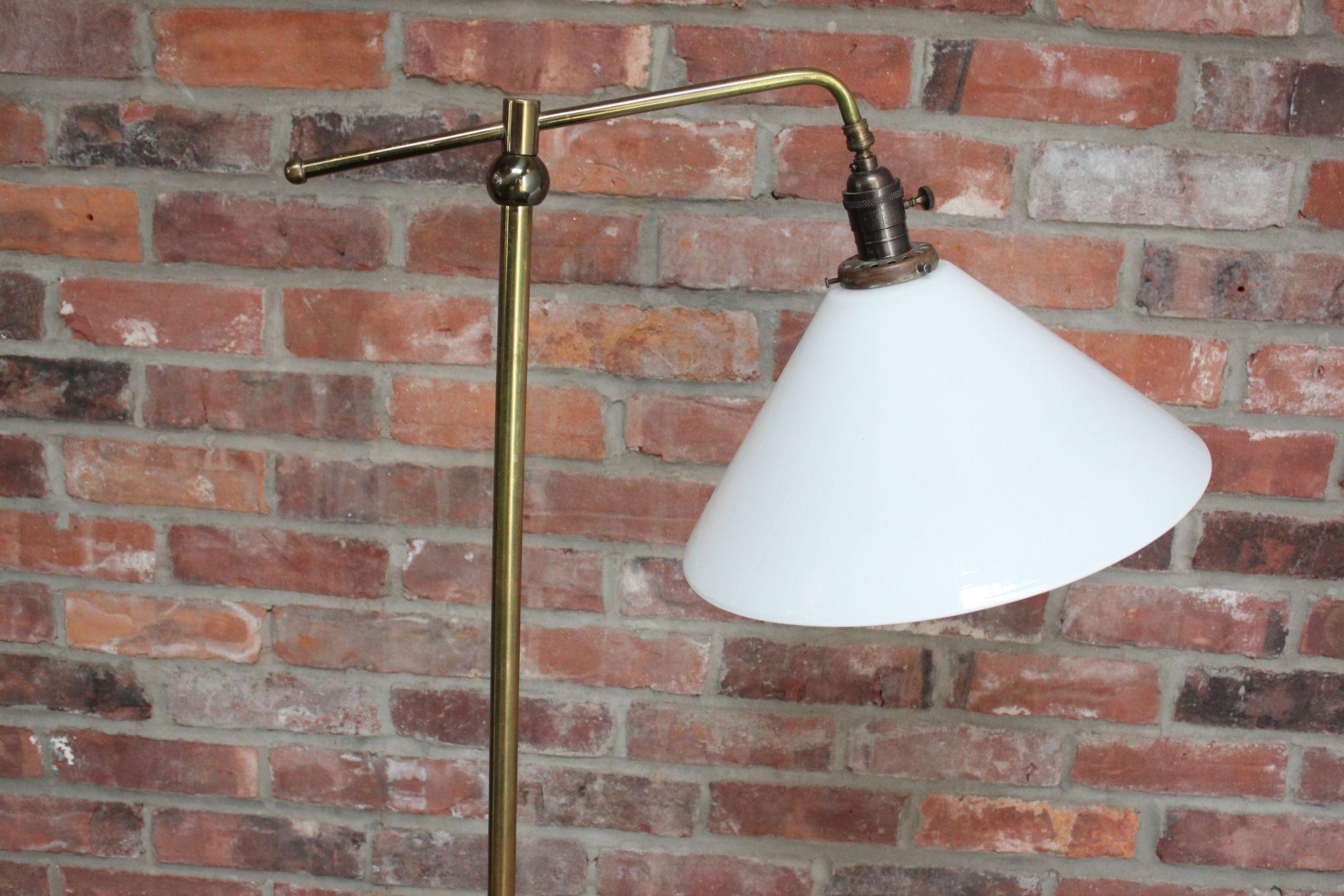 American Mid-Century Tubular Brass Floor Lamp with French Milk Glass Shade For Sale