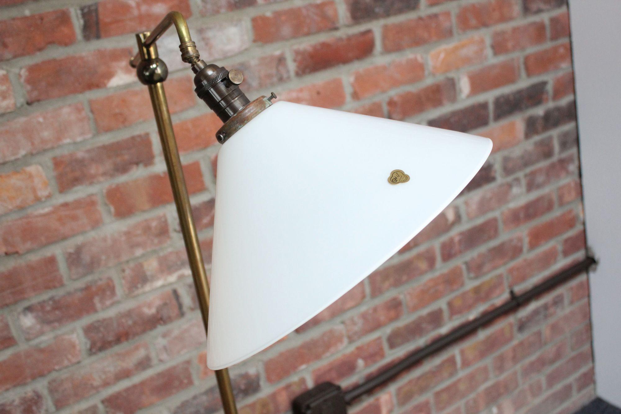 Mid-Century Tubular Brass Floor Lamp with French Milk Glass Shade In Good Condition For Sale In Brooklyn, NY