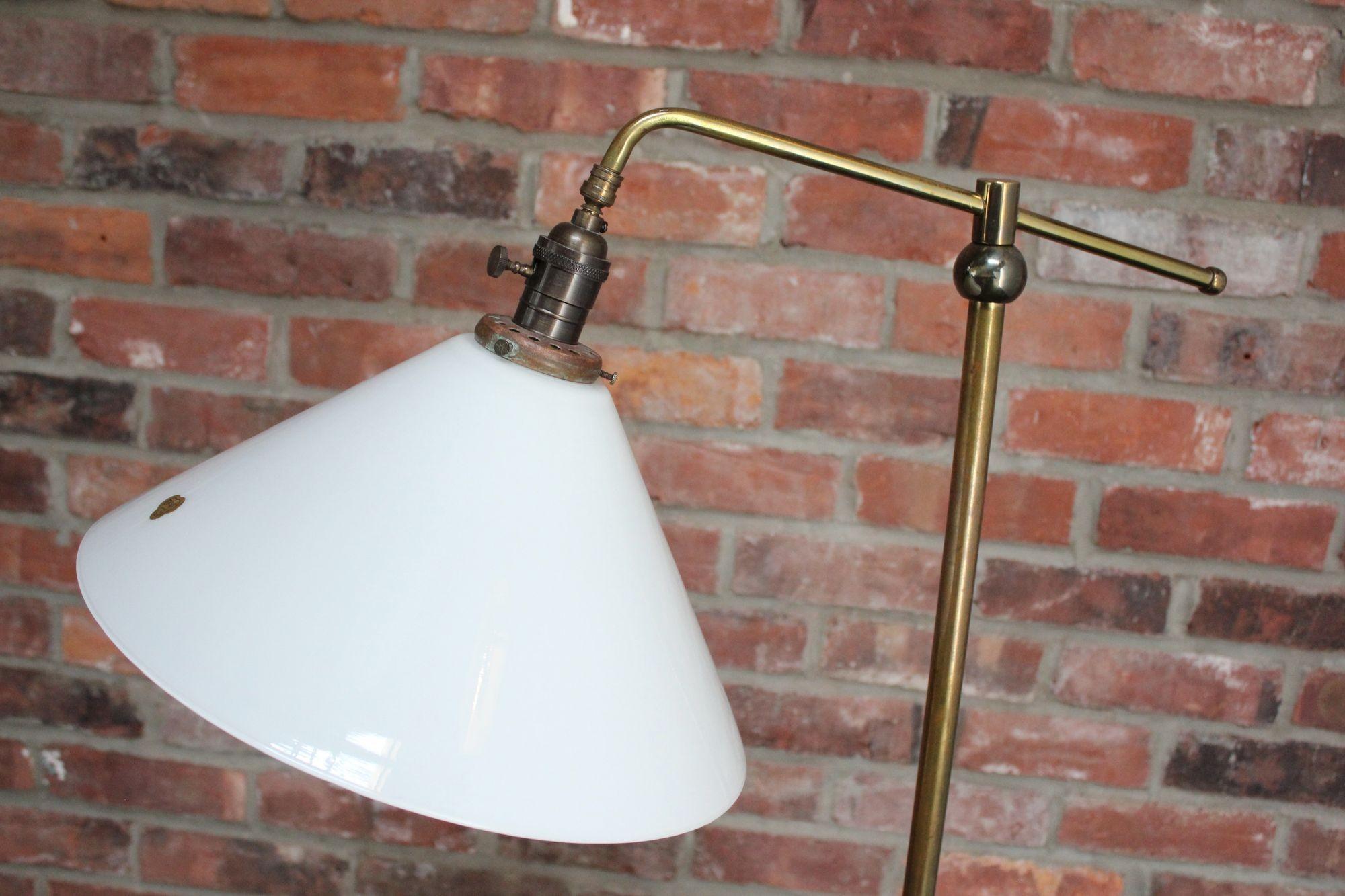 Mid-20th Century Mid-Century Tubular Brass Floor Lamp with French Milk Glass Shade For Sale