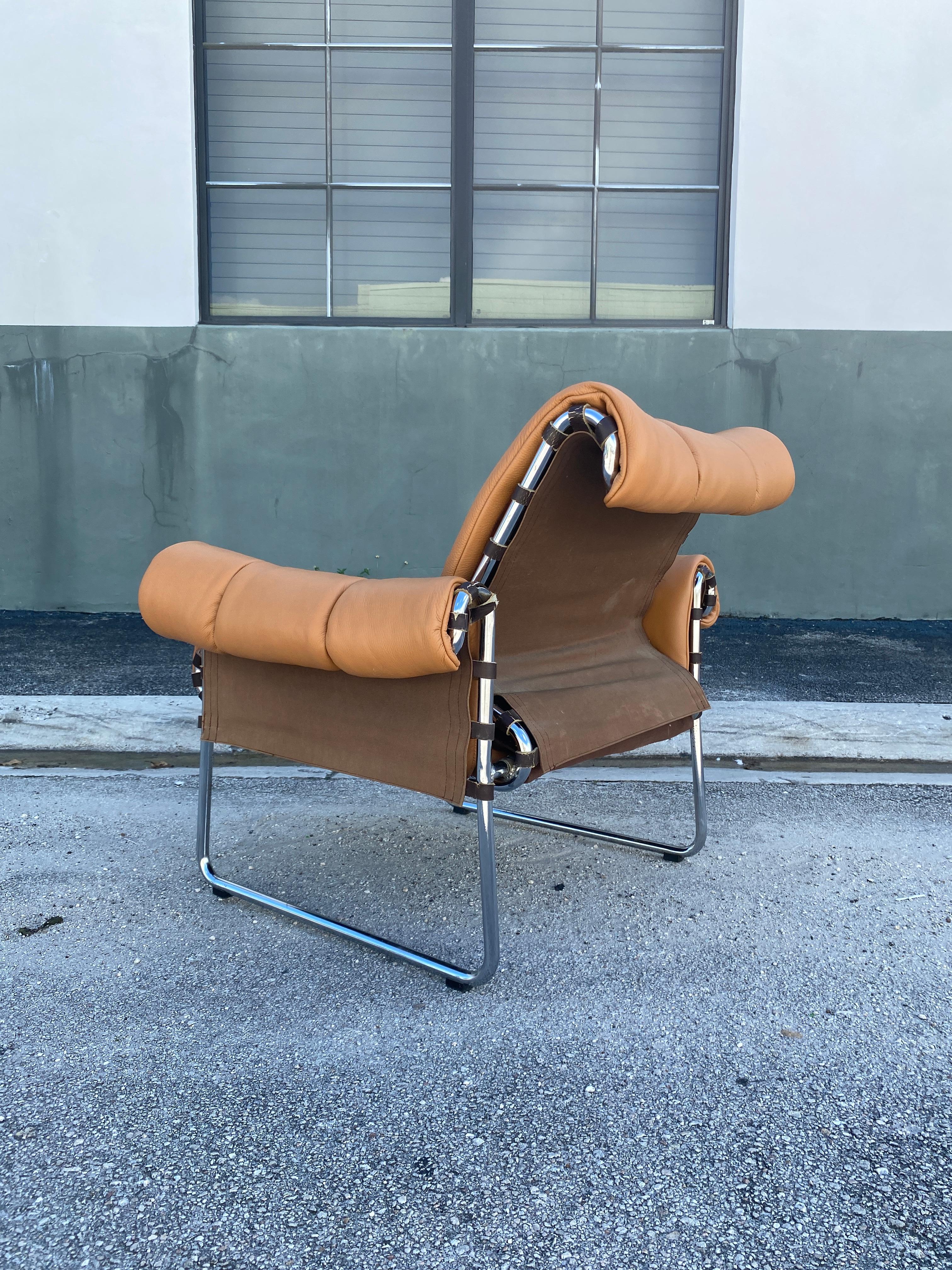 20th Century Mid Century Tubular Chrome and Leather Lounge Chair
