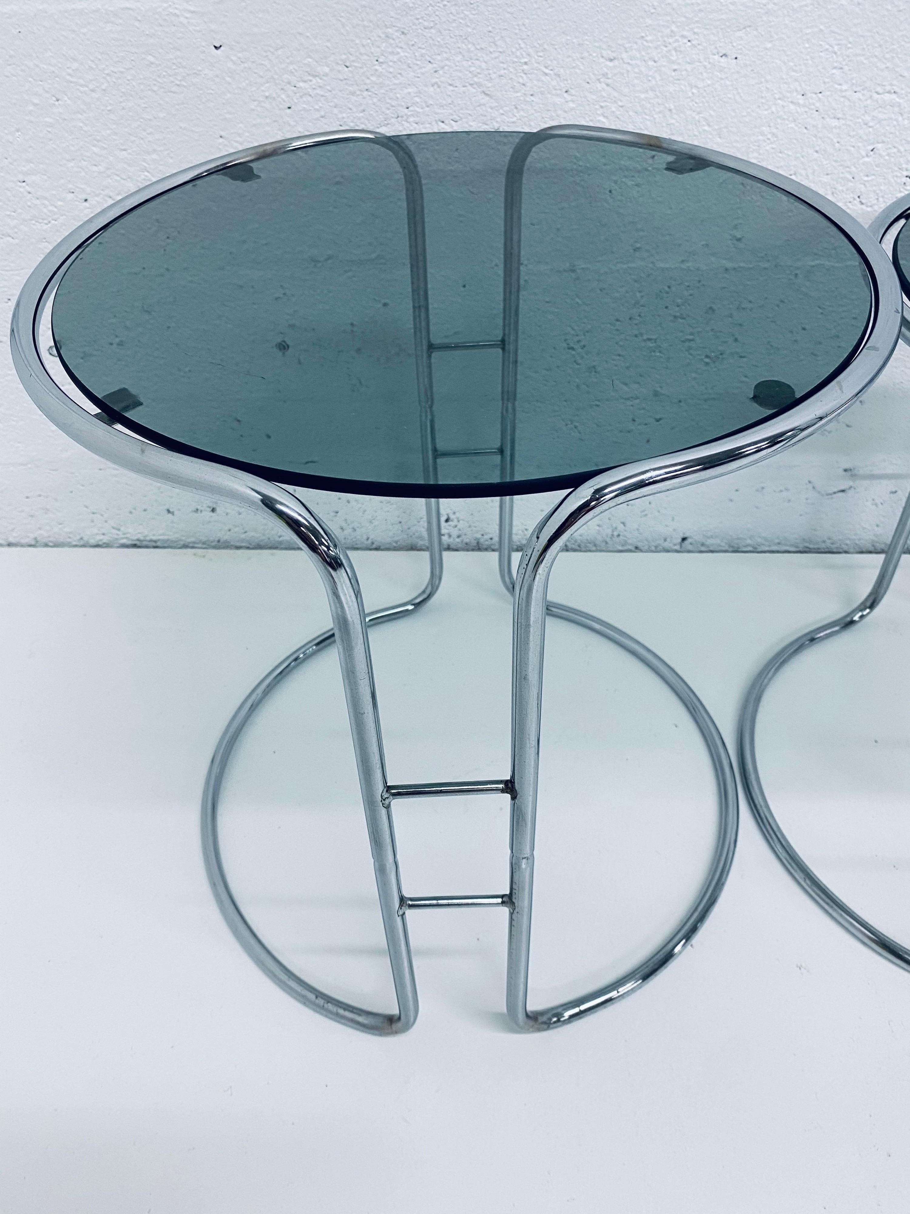 Mid-Century Modern Midcentury Tubular Chrome and Smoked Glass Nesting Tables, 1970s