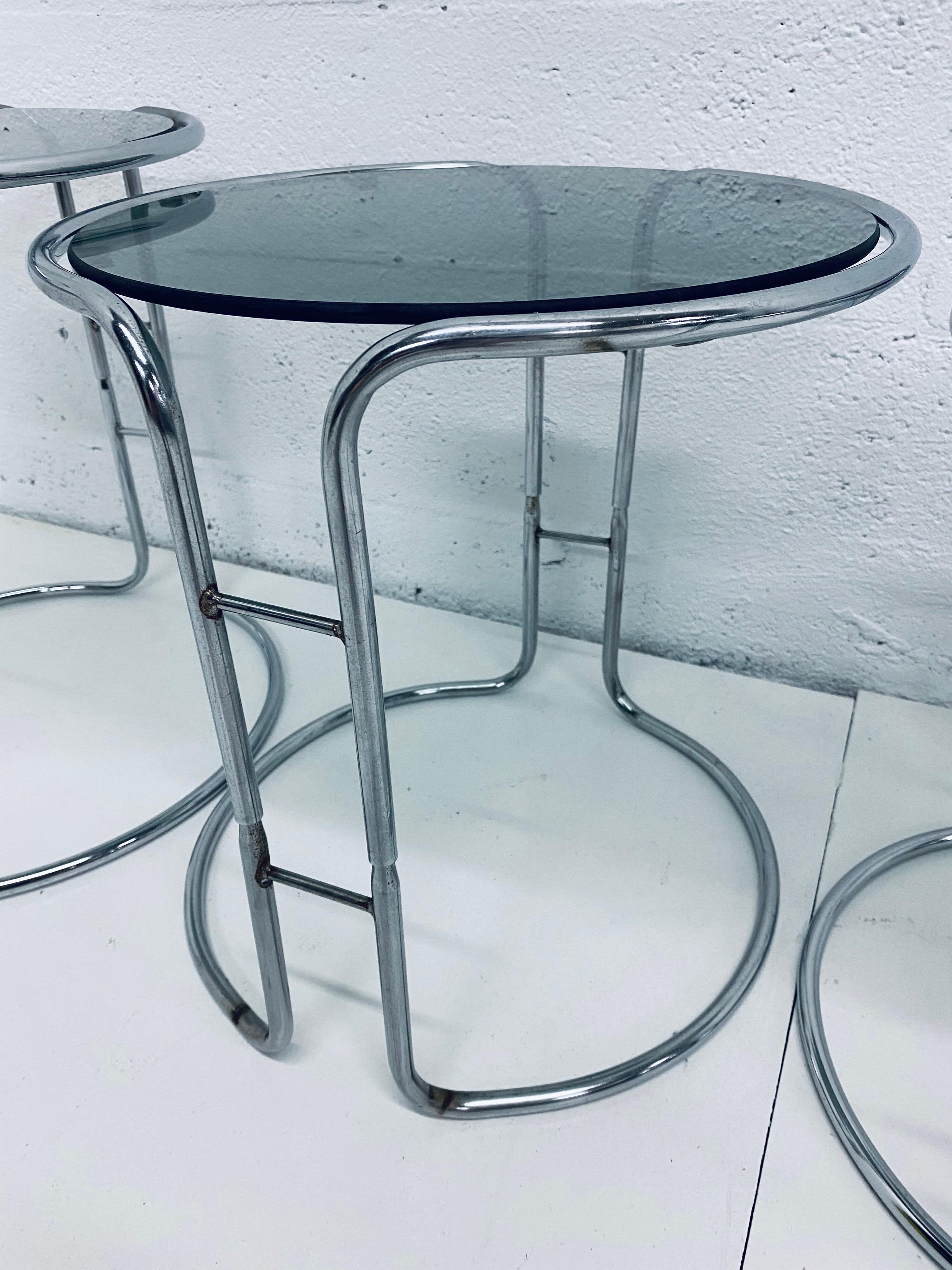 Late 20th Century Midcentury Tubular Chrome and Smoked Glass Nesting Tables, 1970s
