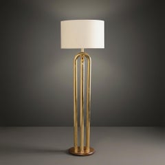 Mid-Century Tubular Polished Brass Accent Floor Lamp with Walnut Base