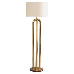 Mid-Century Tubular Polished Brass Accent Floor Lamp with Walnut Base