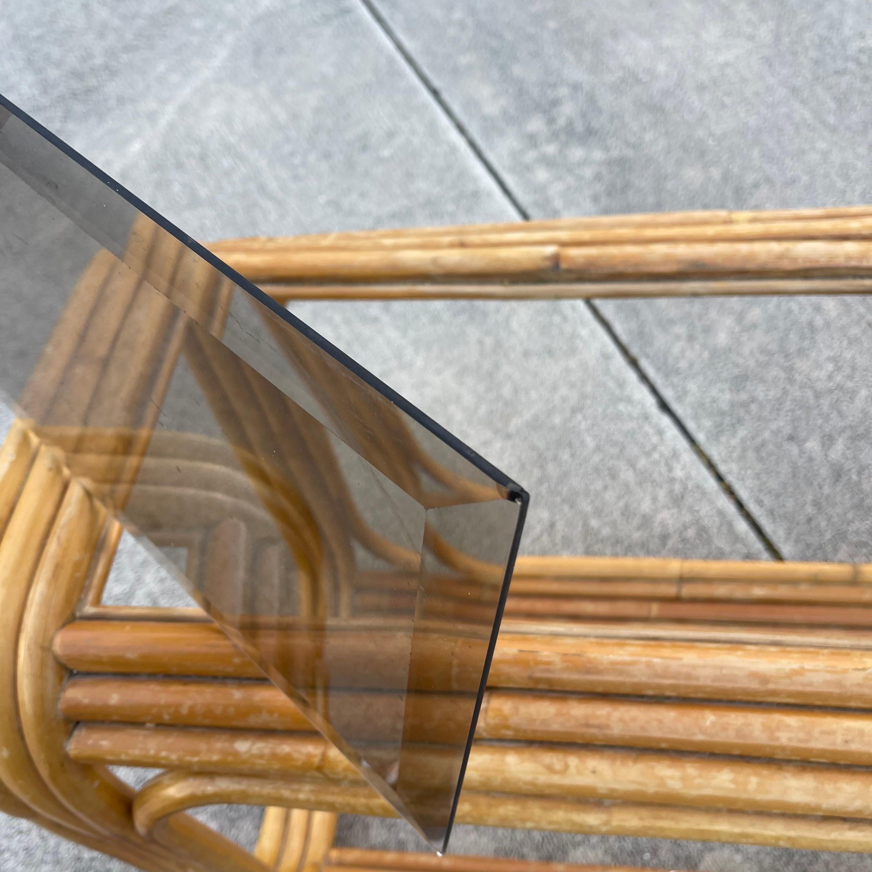 Mid-Century Tubular Rattan Glass Insert Console Table For Sale 7